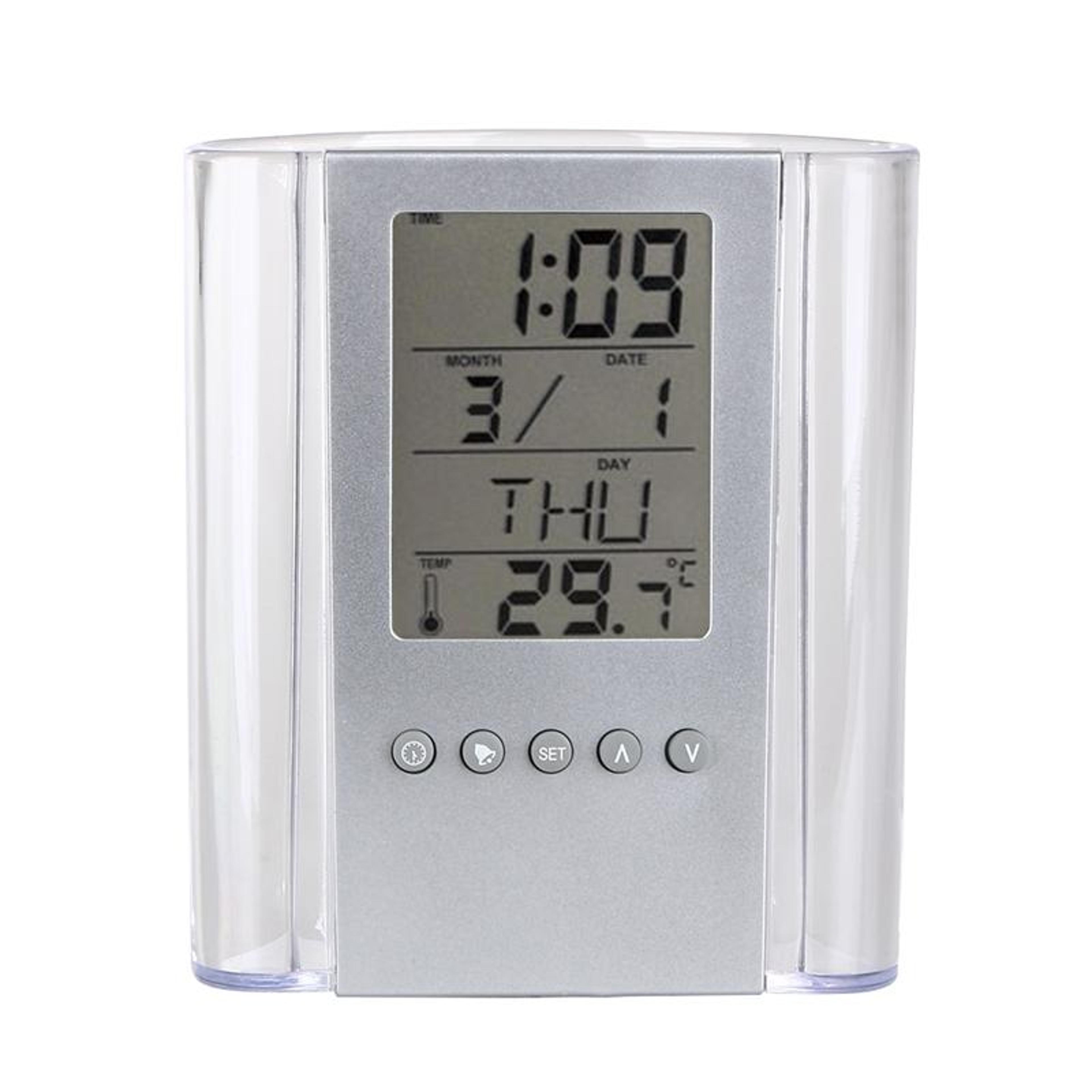 transparent digital desk clock with pen holder, alarm, calendar and temperature display