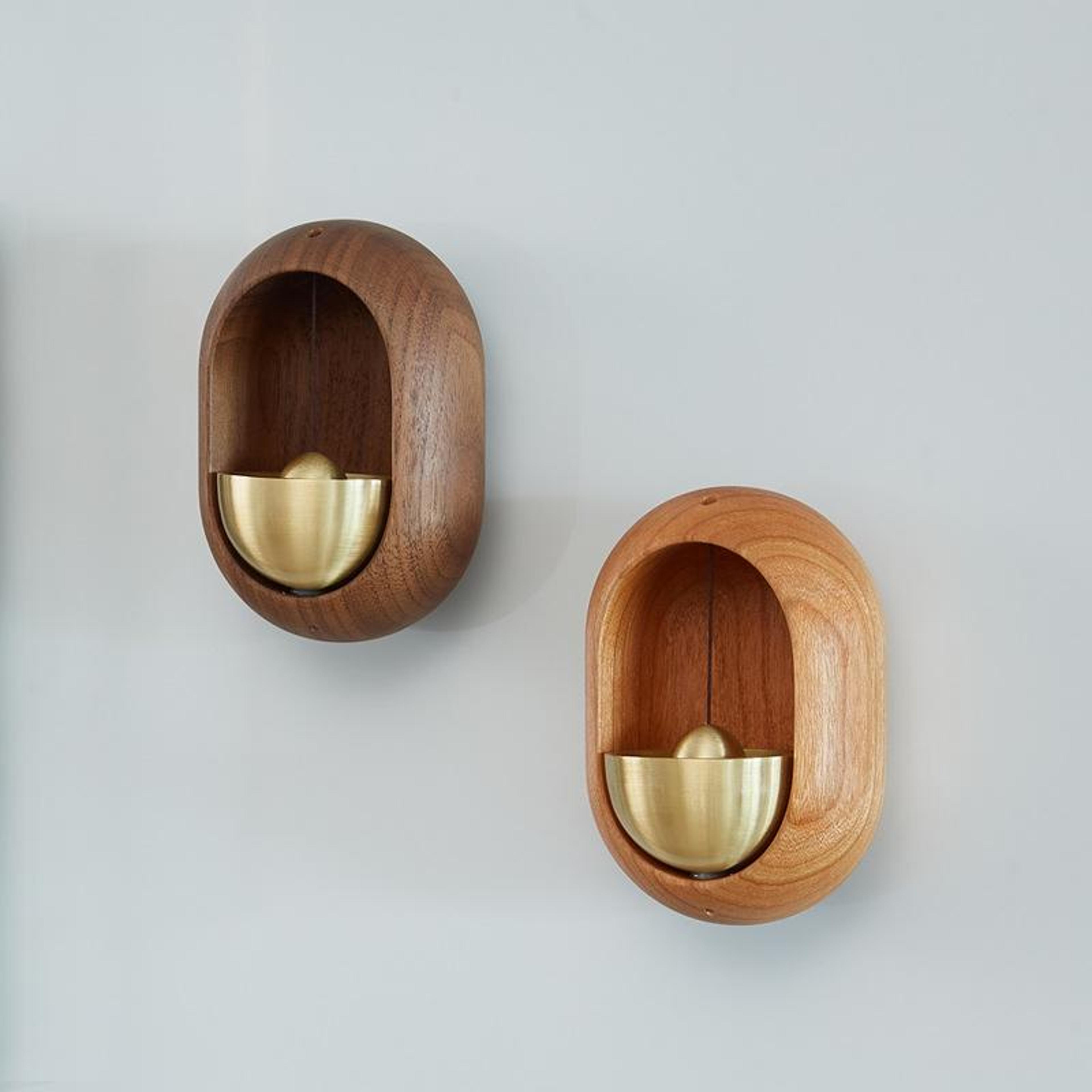 magnetic wooden door chime with brass bell, decorative shopkeeper entrance bell