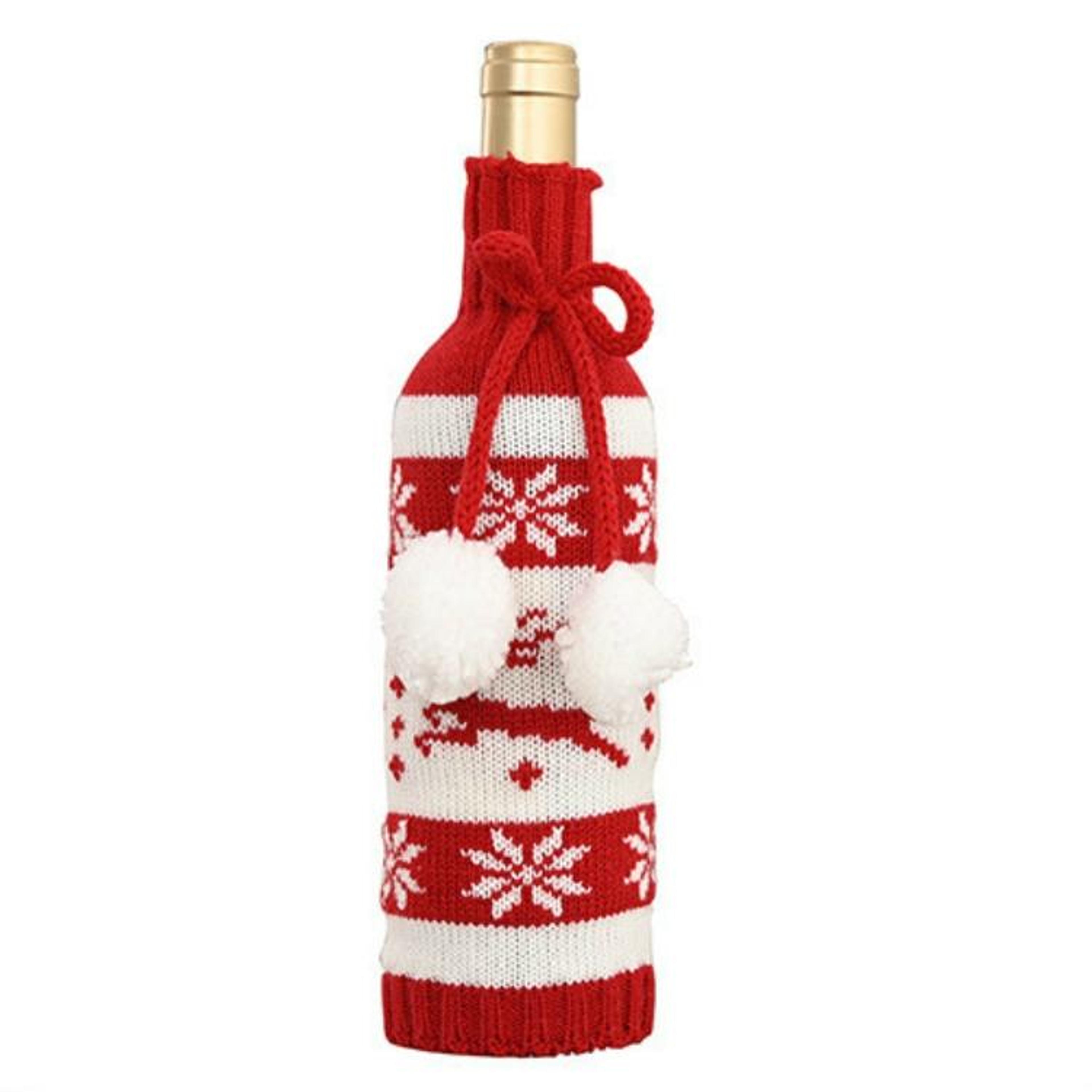 festive knitted christmas wine bottle cover with elk design for holiday decor & gift presentation