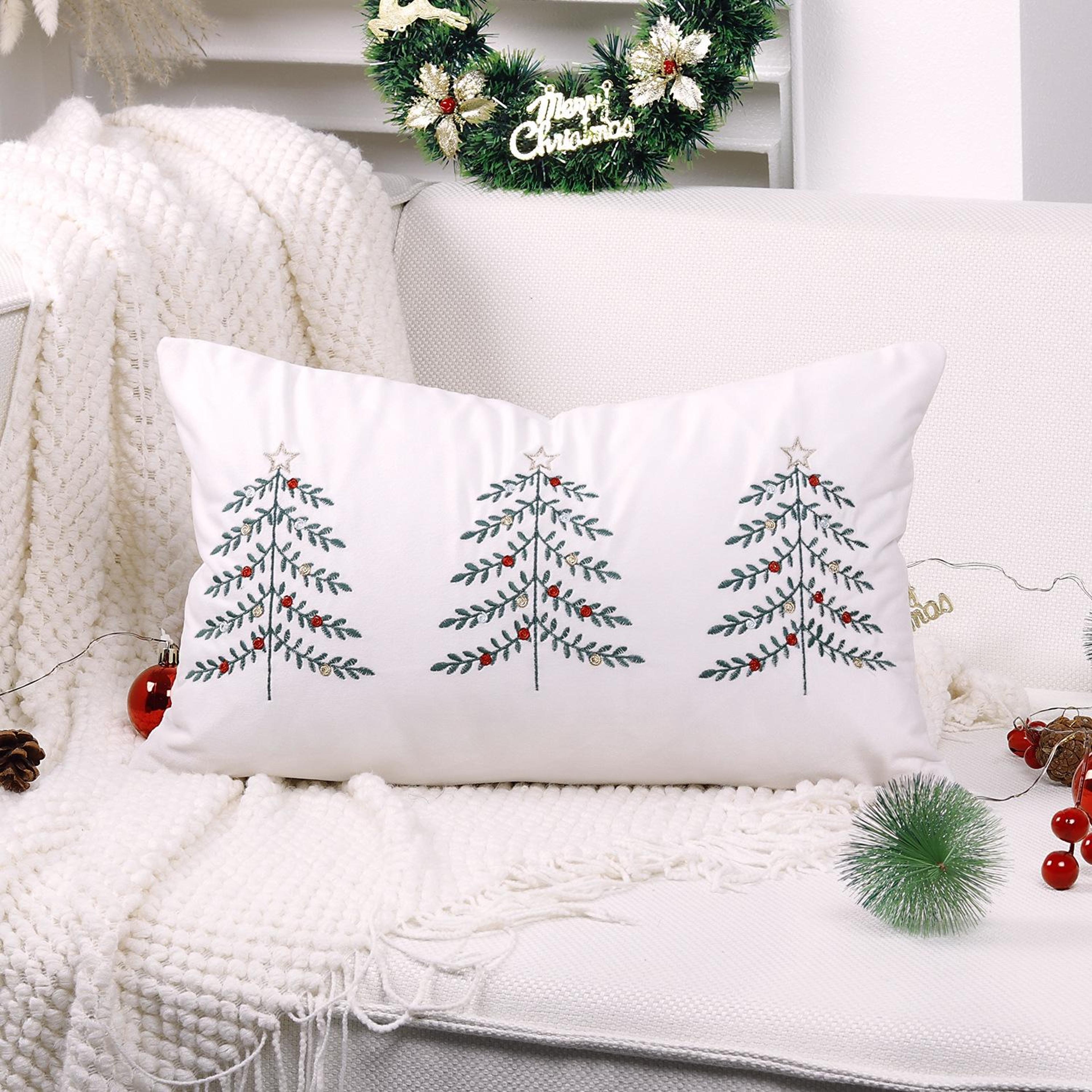 christmas tree embroidered pillow cover for festive holiday home decor