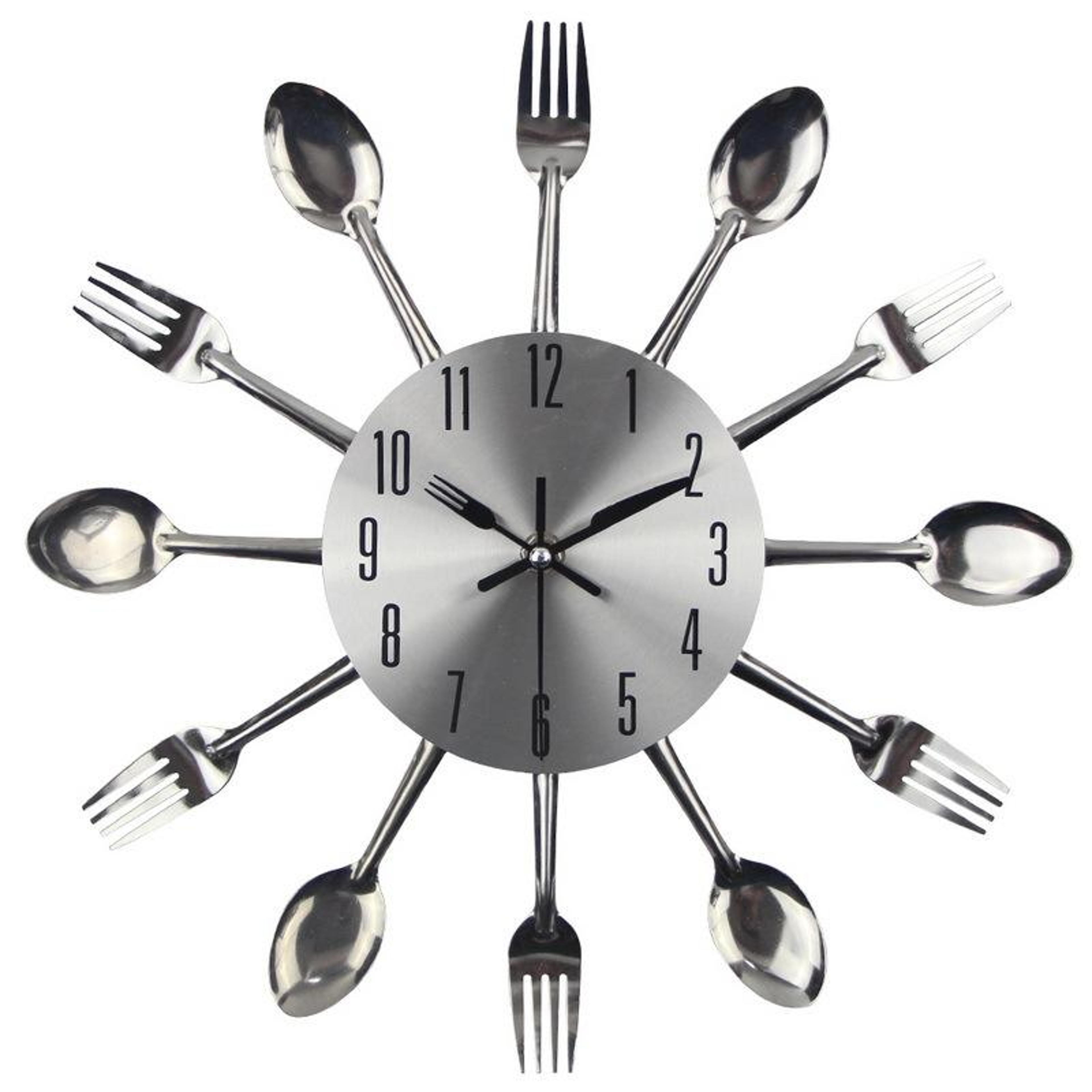 modern cutlery wall clock with spoon and fork design, metal kitchen wall clock