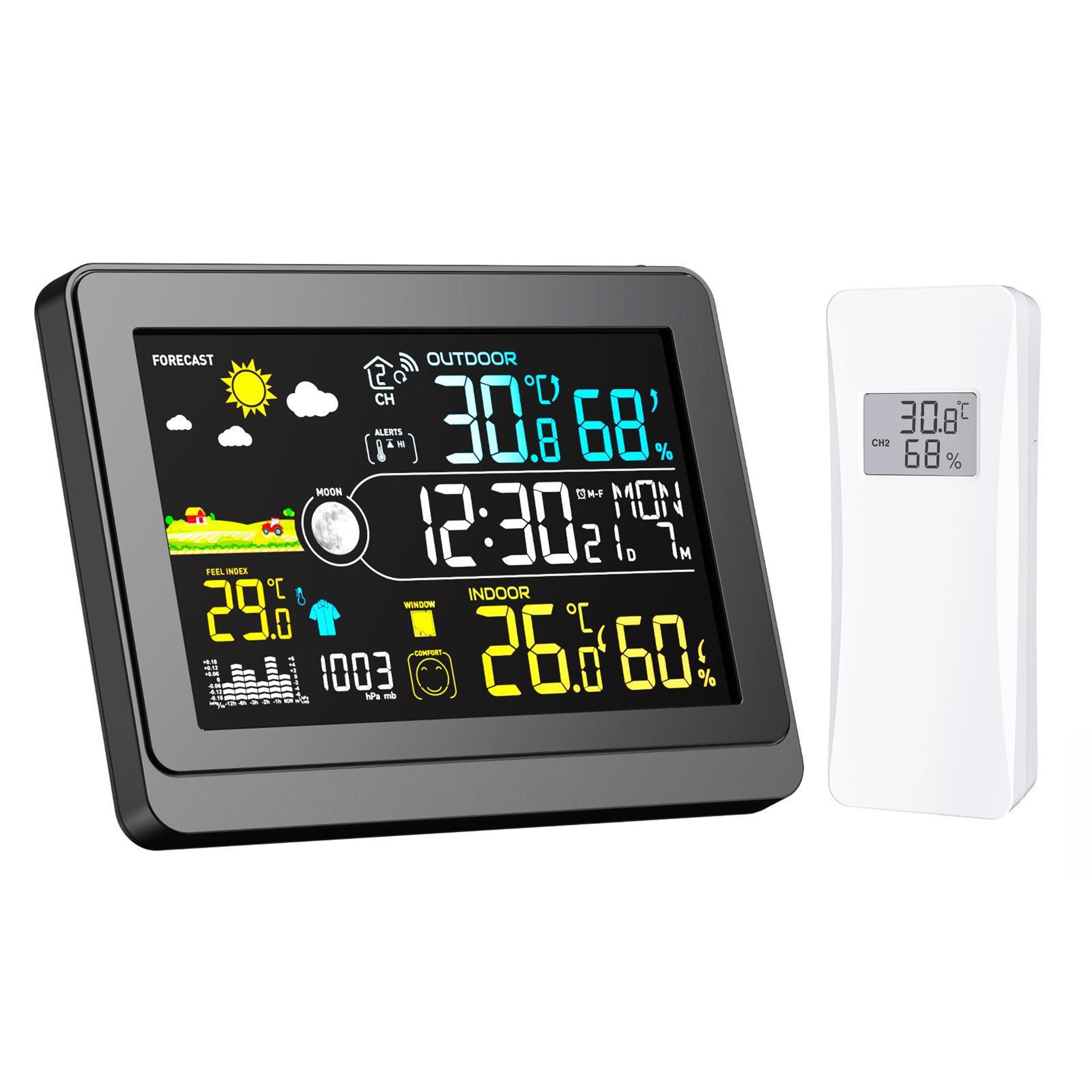 5.9-inch wireless weather station with atomic clock, outdoor sensor and color display
