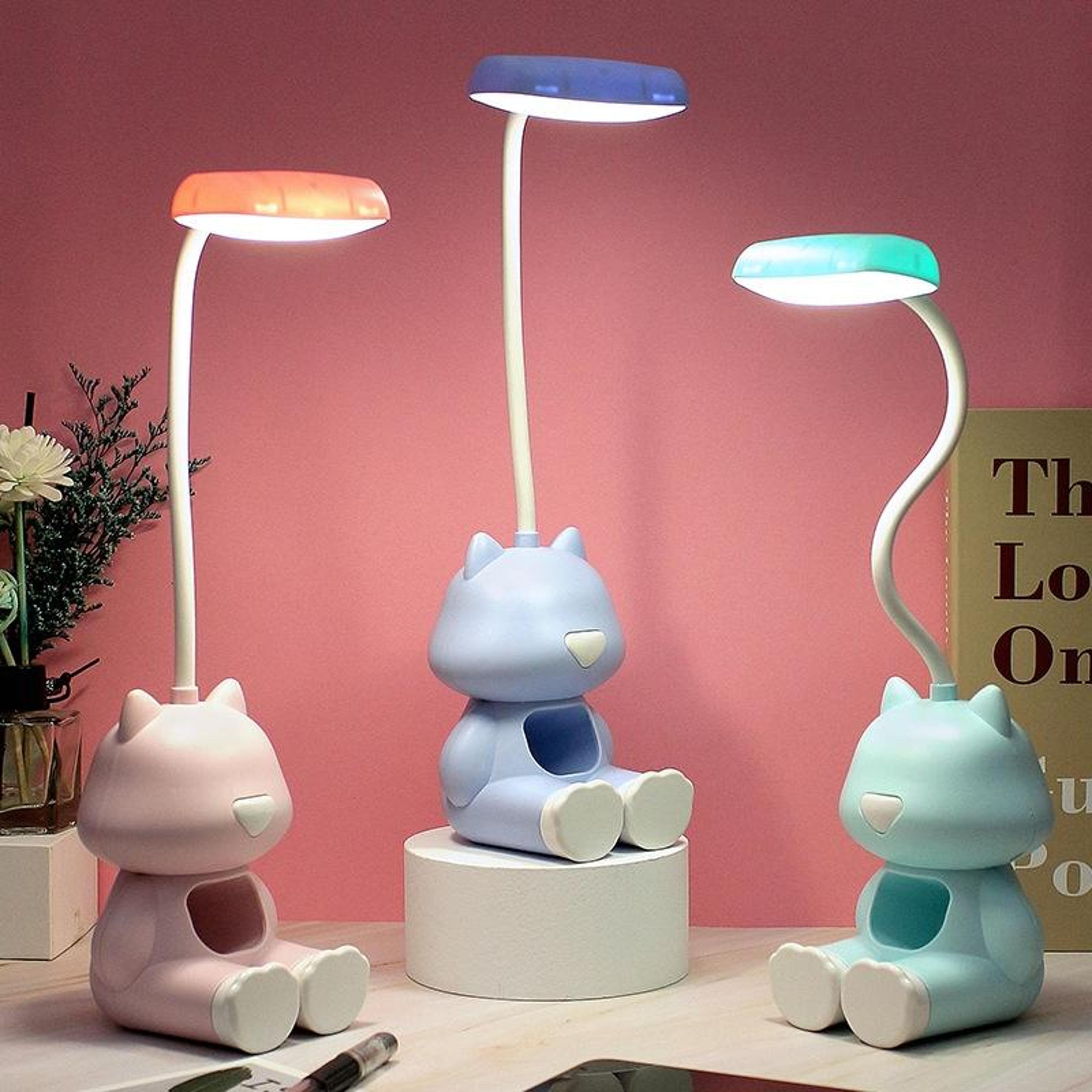 cartoon led desk lamp with pen holder, flexible rechargeable study lamp for reading