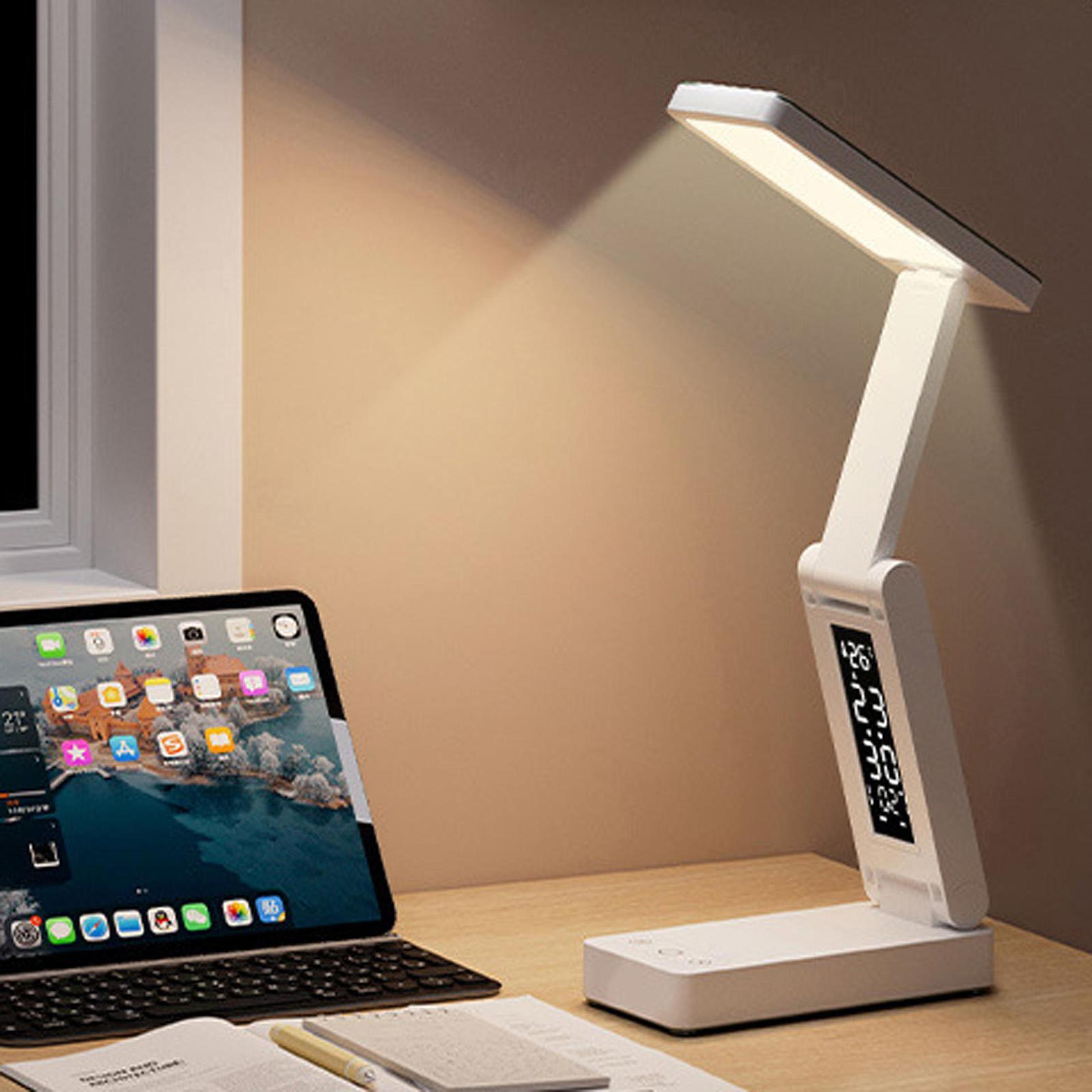 rechargeable led desk lamp with digital clock, foldable eye-caring study light