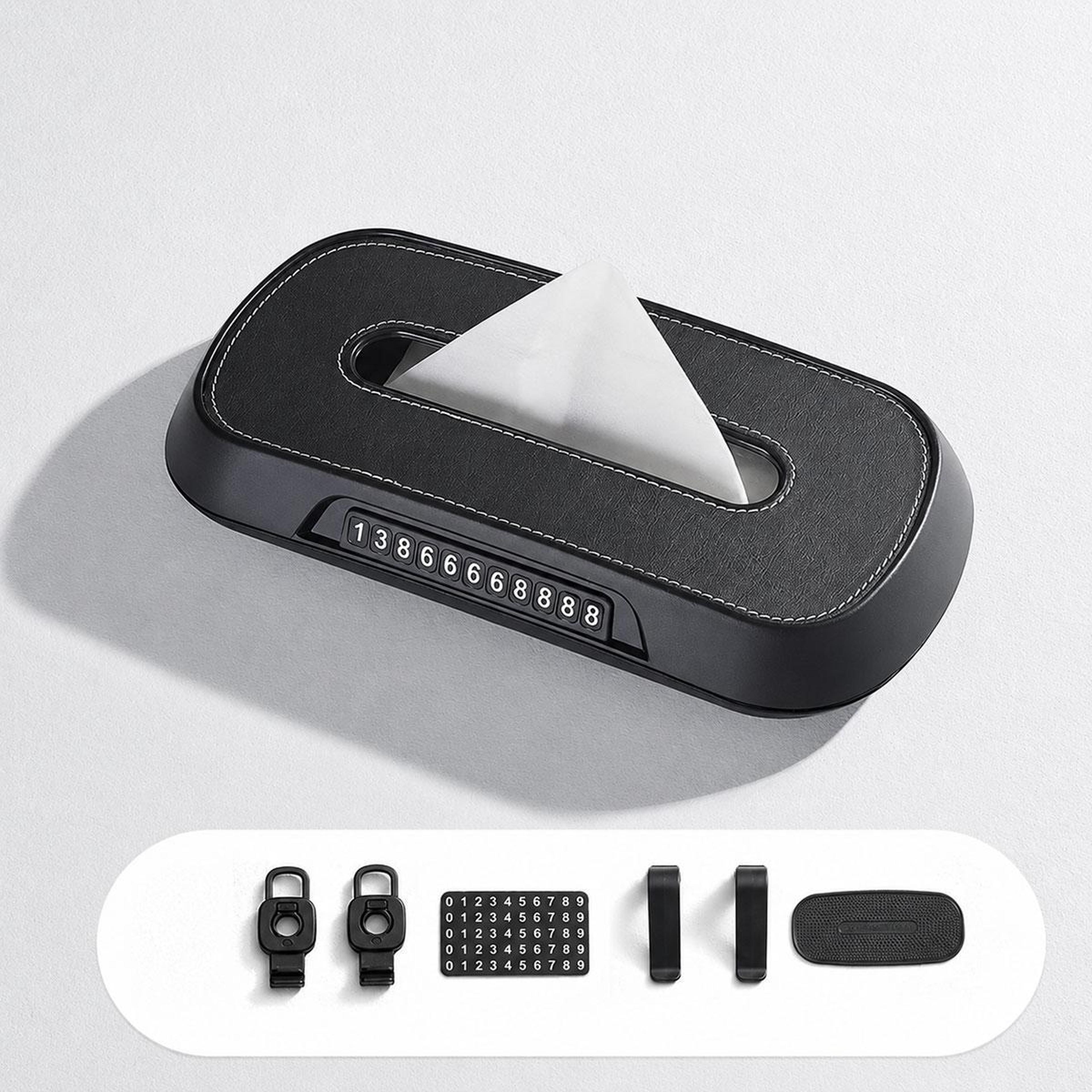 2-in-1 car tissue box with temporary parking phone number card and leather holder