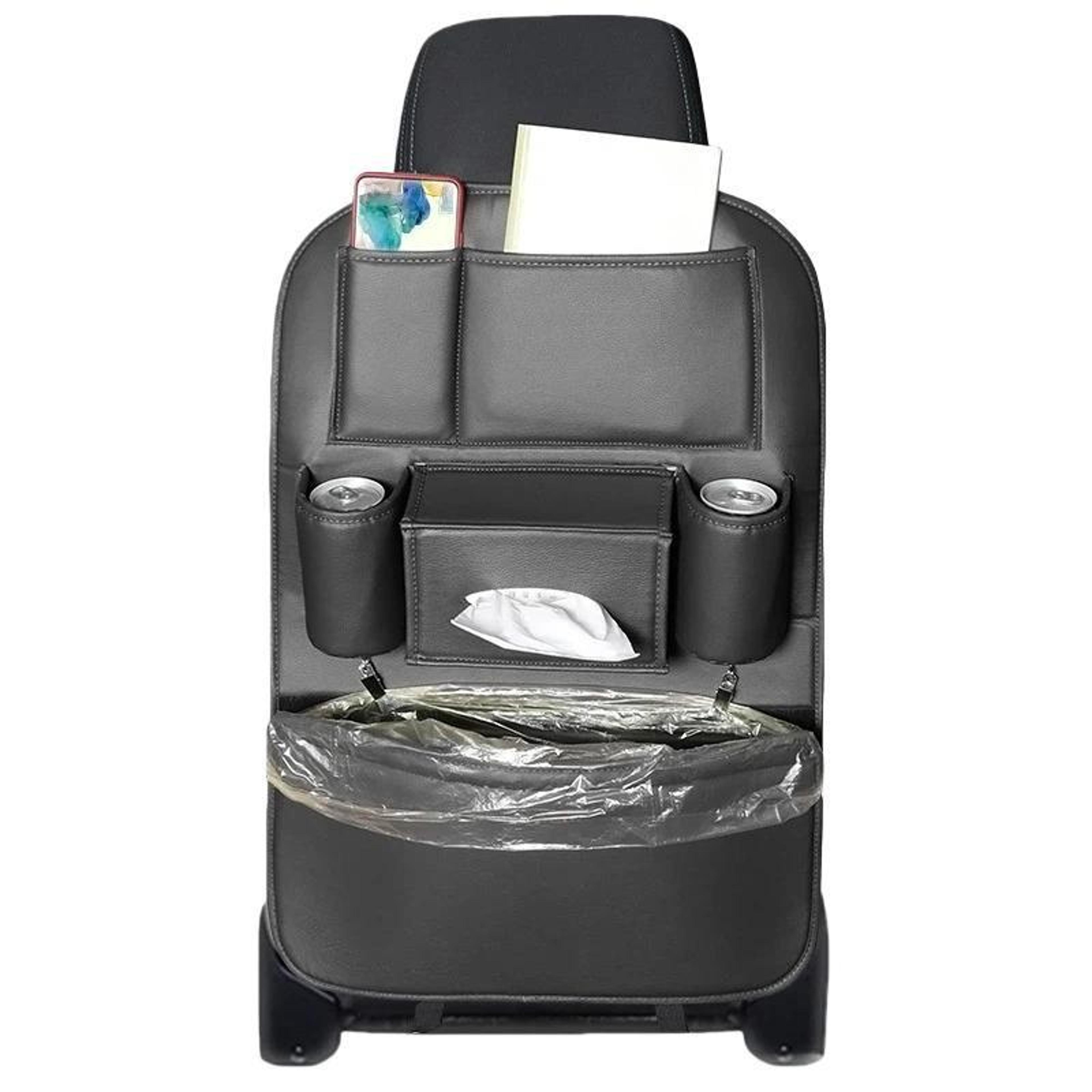 premium car seat back organizer and hanging car trash bag with large-capacity pu storage