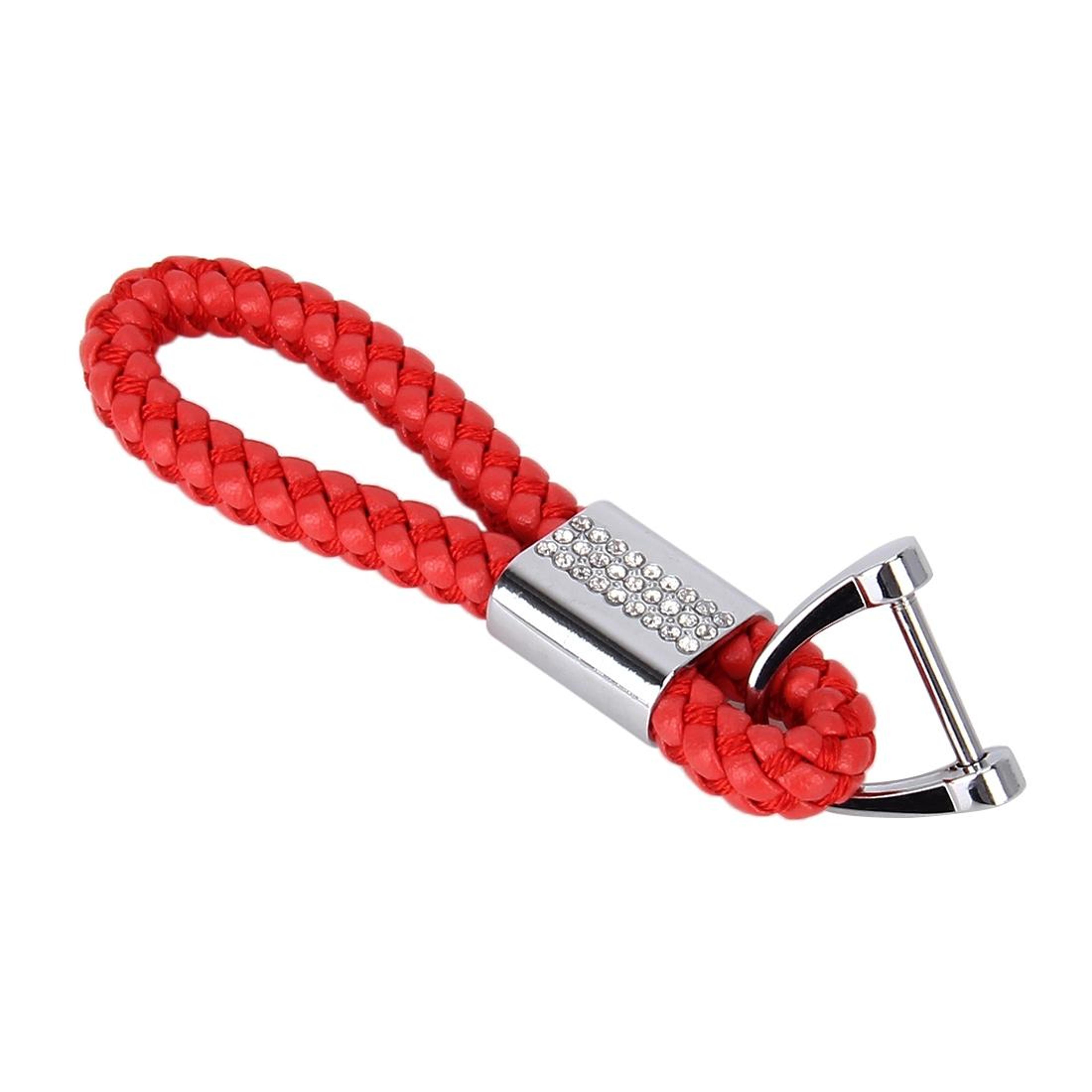 crystal inlaid pu leather keychain with braided strap and durable metal key ring