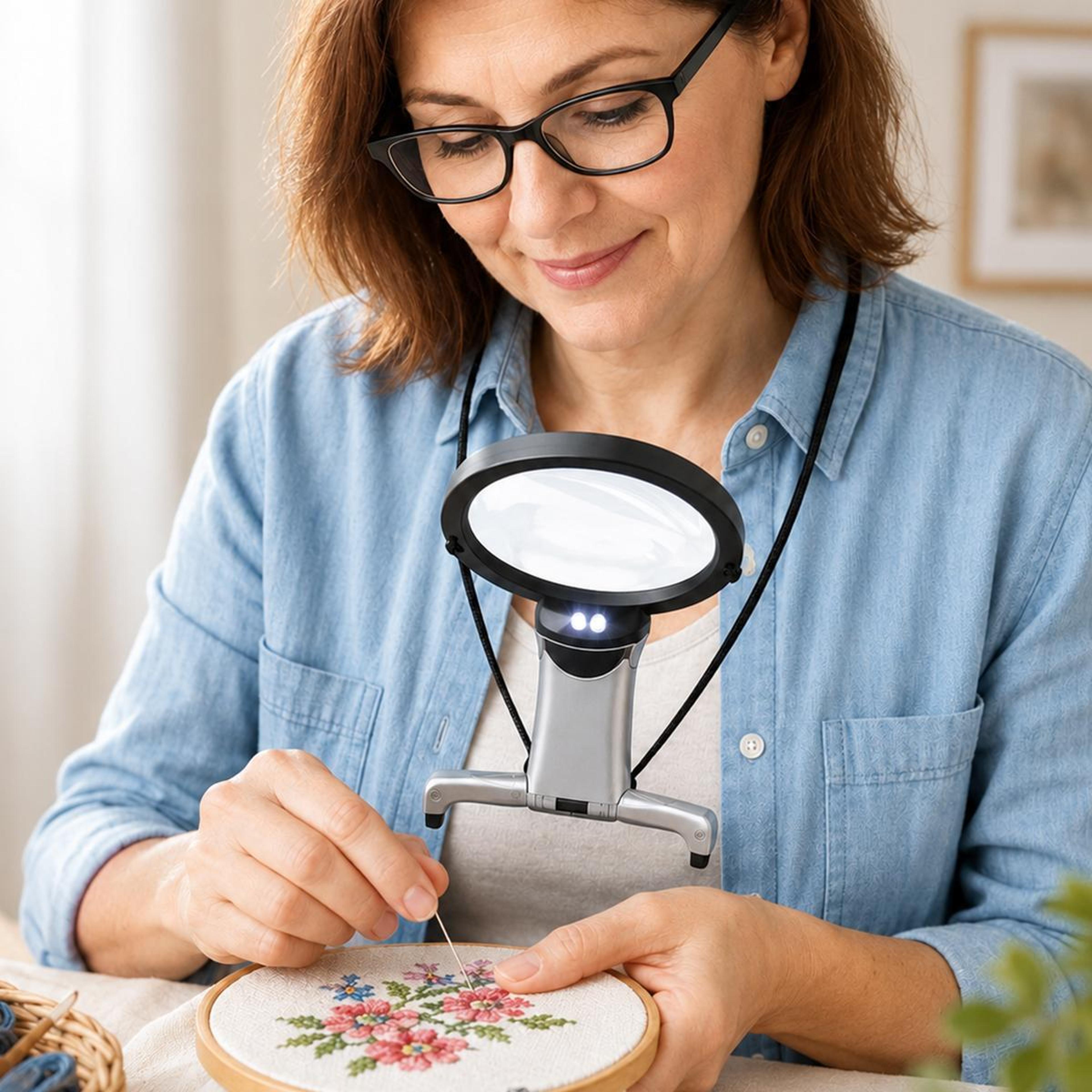 hands-free magnifying glass with led light for reading, sewing and crafts