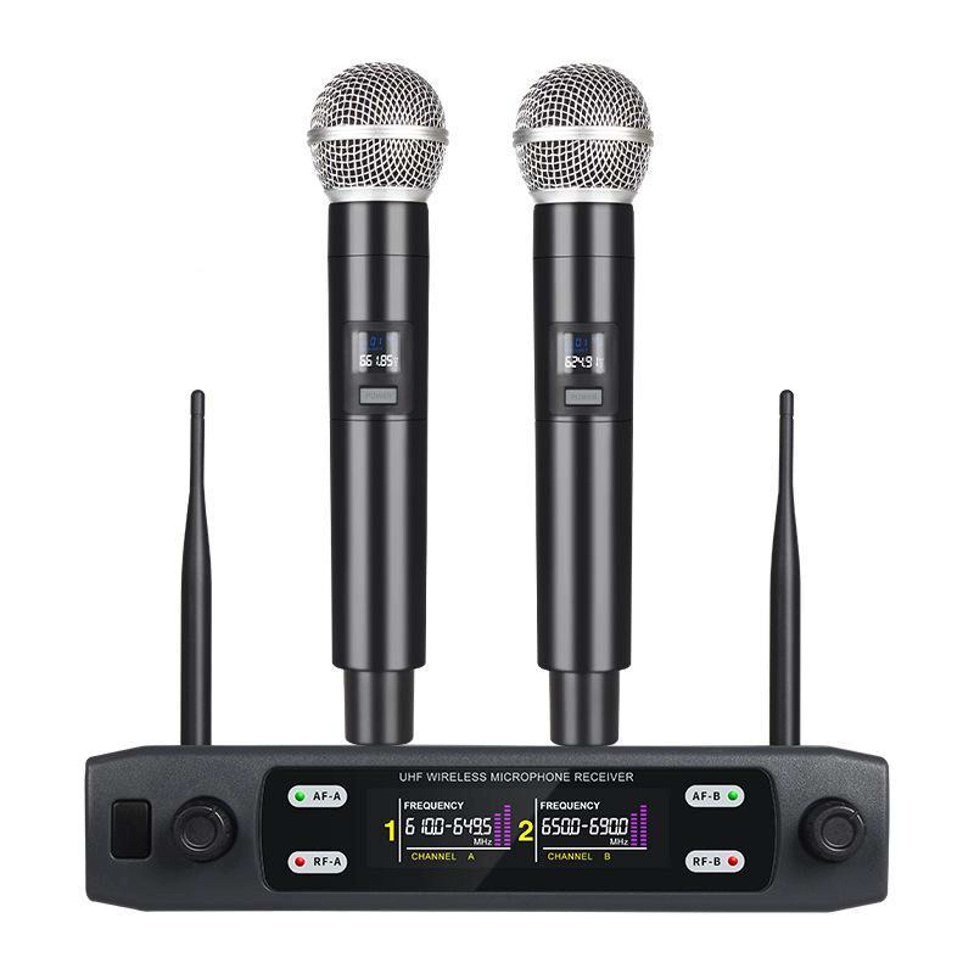 v8 dual channel vhf wireless microphone system with 2 handheld mics and 50m range