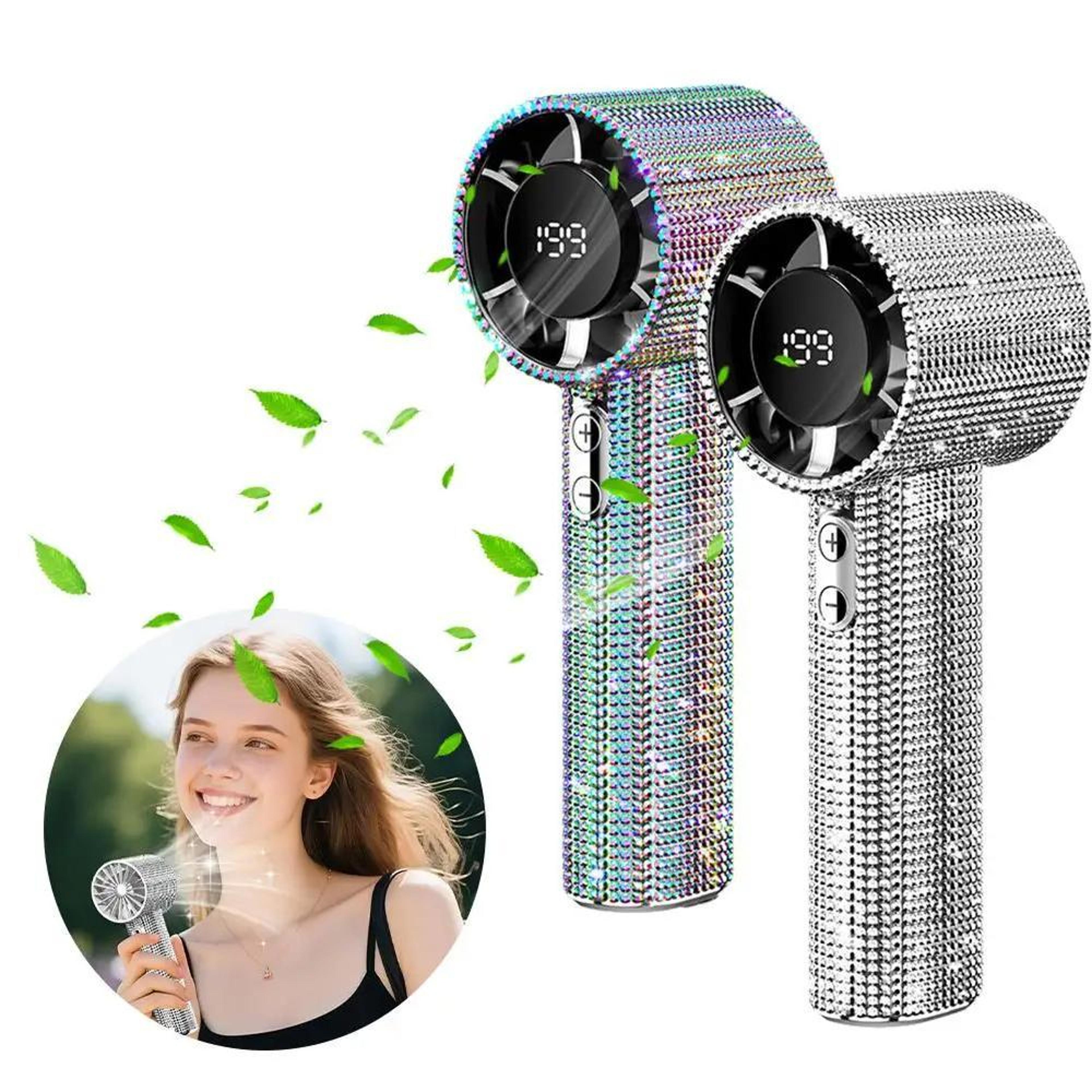 s5 rhinestone handheld turbo fan with 199 speeds, led display and usb-c charging