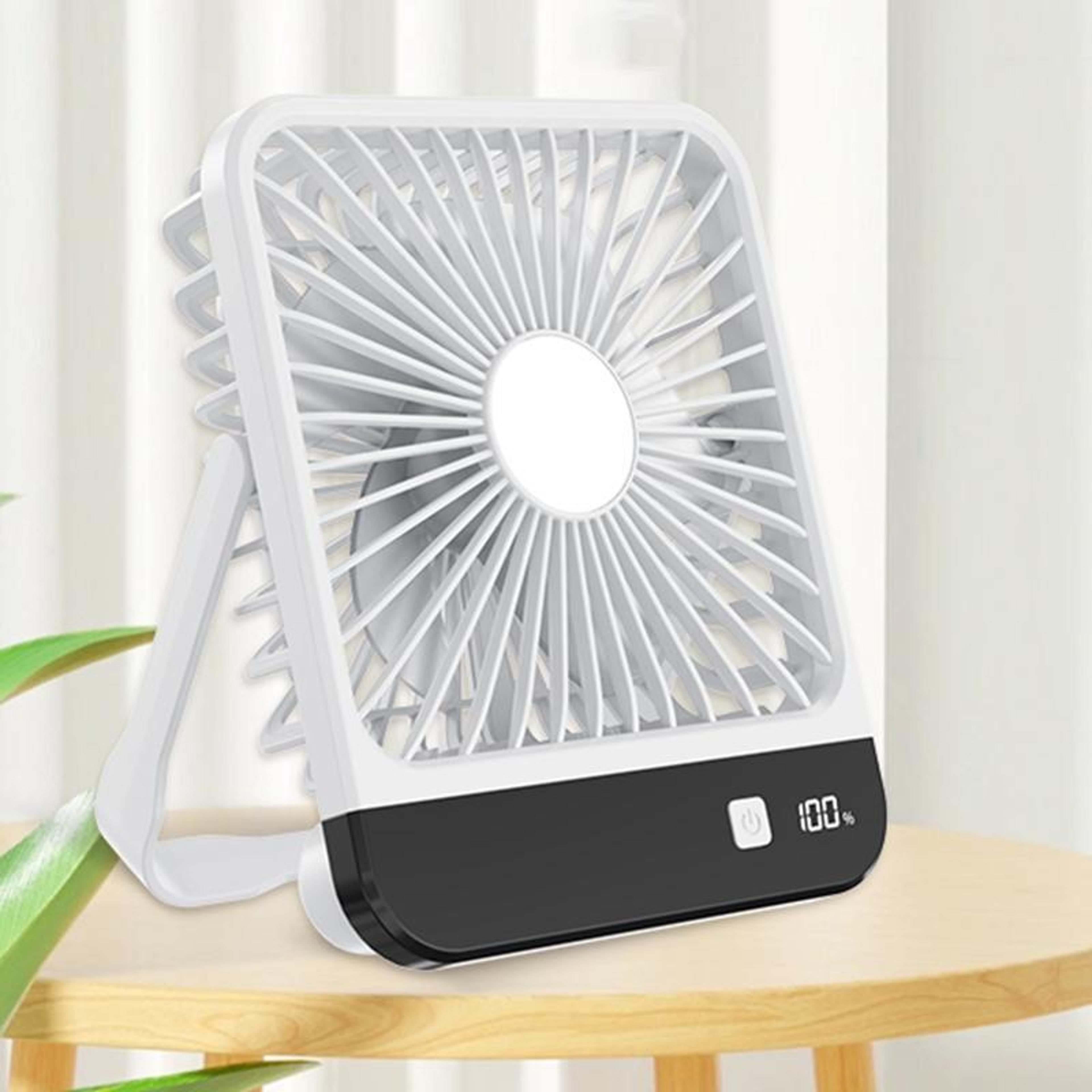 rechargeable desk fan with makeup mirror, digital display and quiet 3-speed cooling