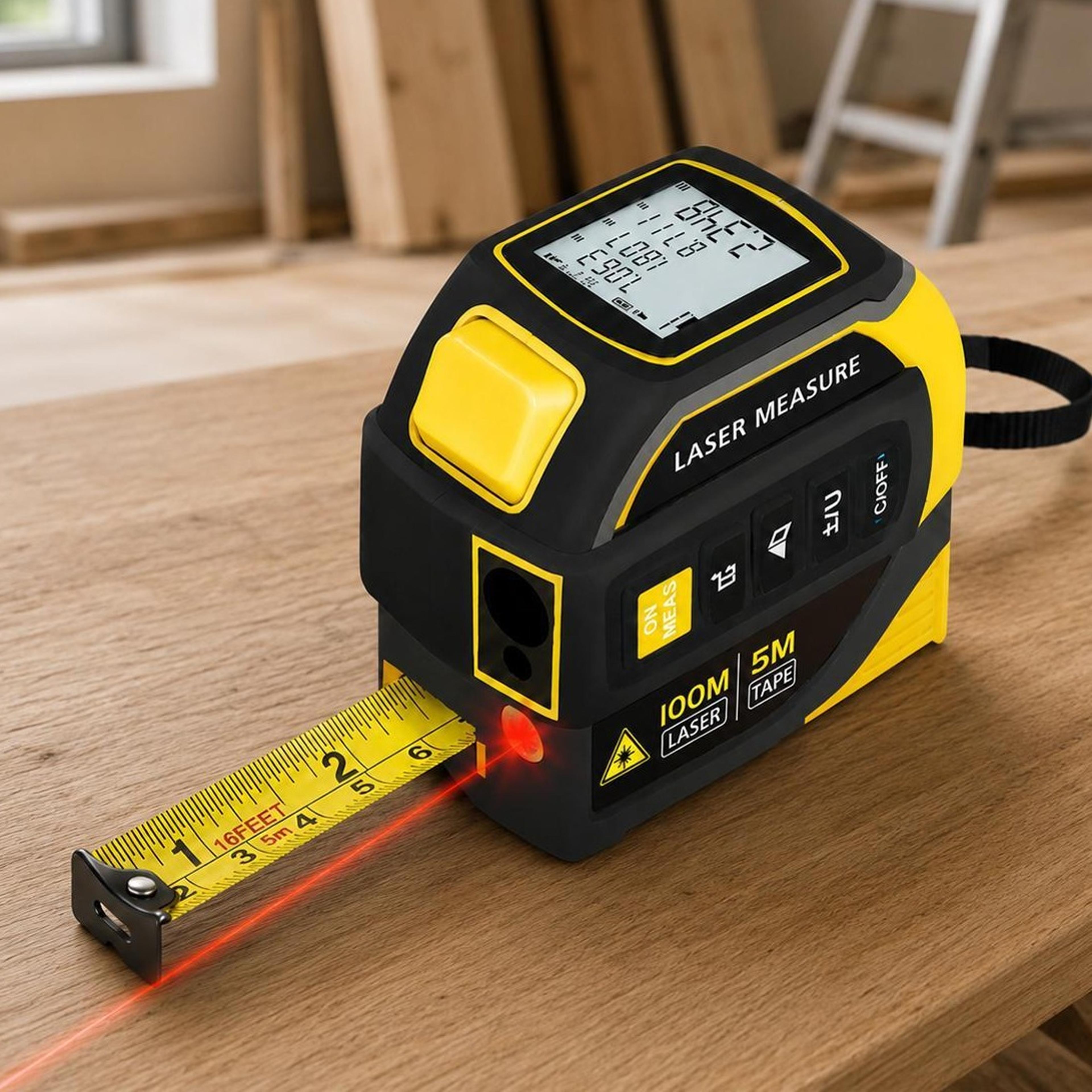 4-in-1 laser distance meter with 5m tape measure, cross line laser and bluetooth