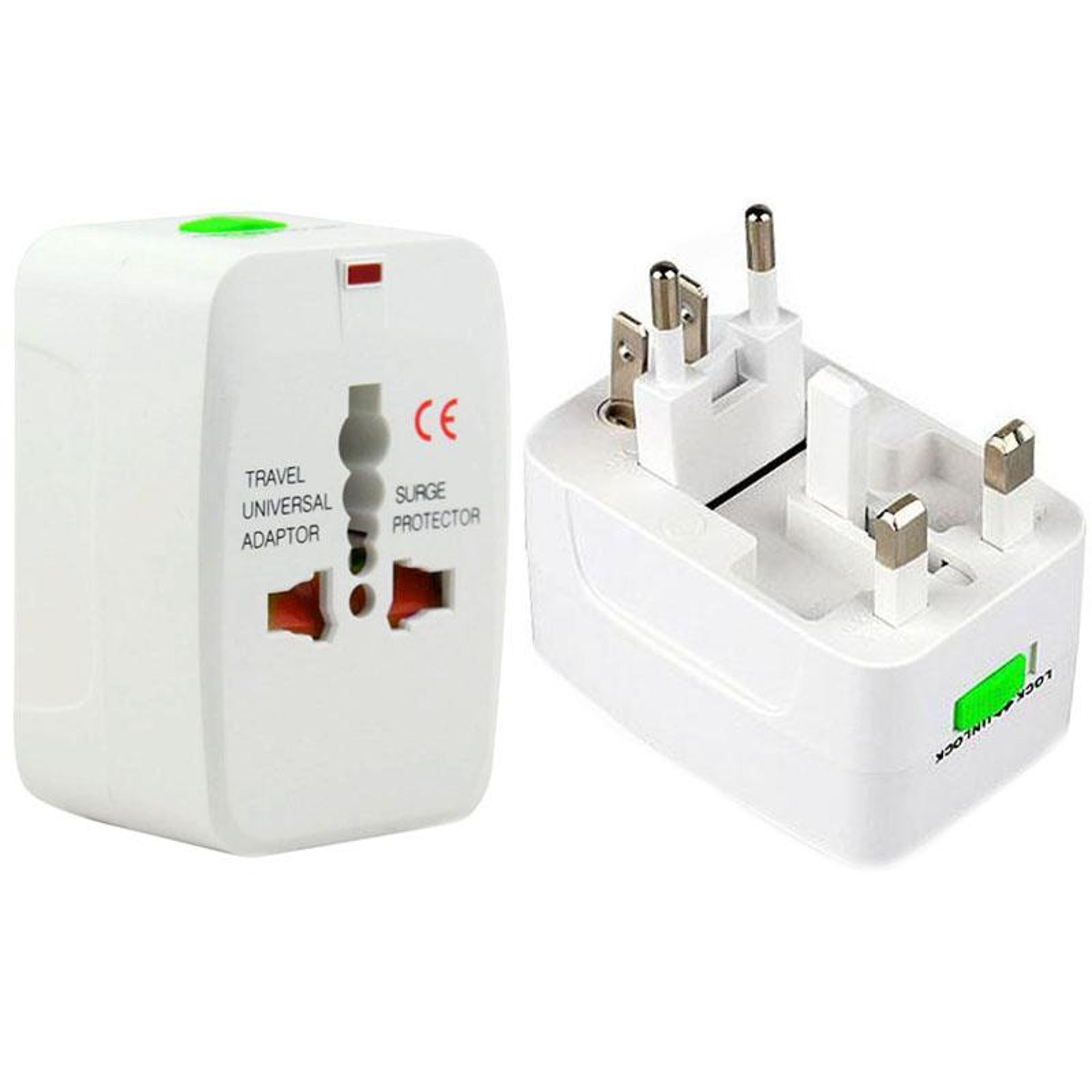 universal travel adapter with dual usb ports and worldwide plug compatibility