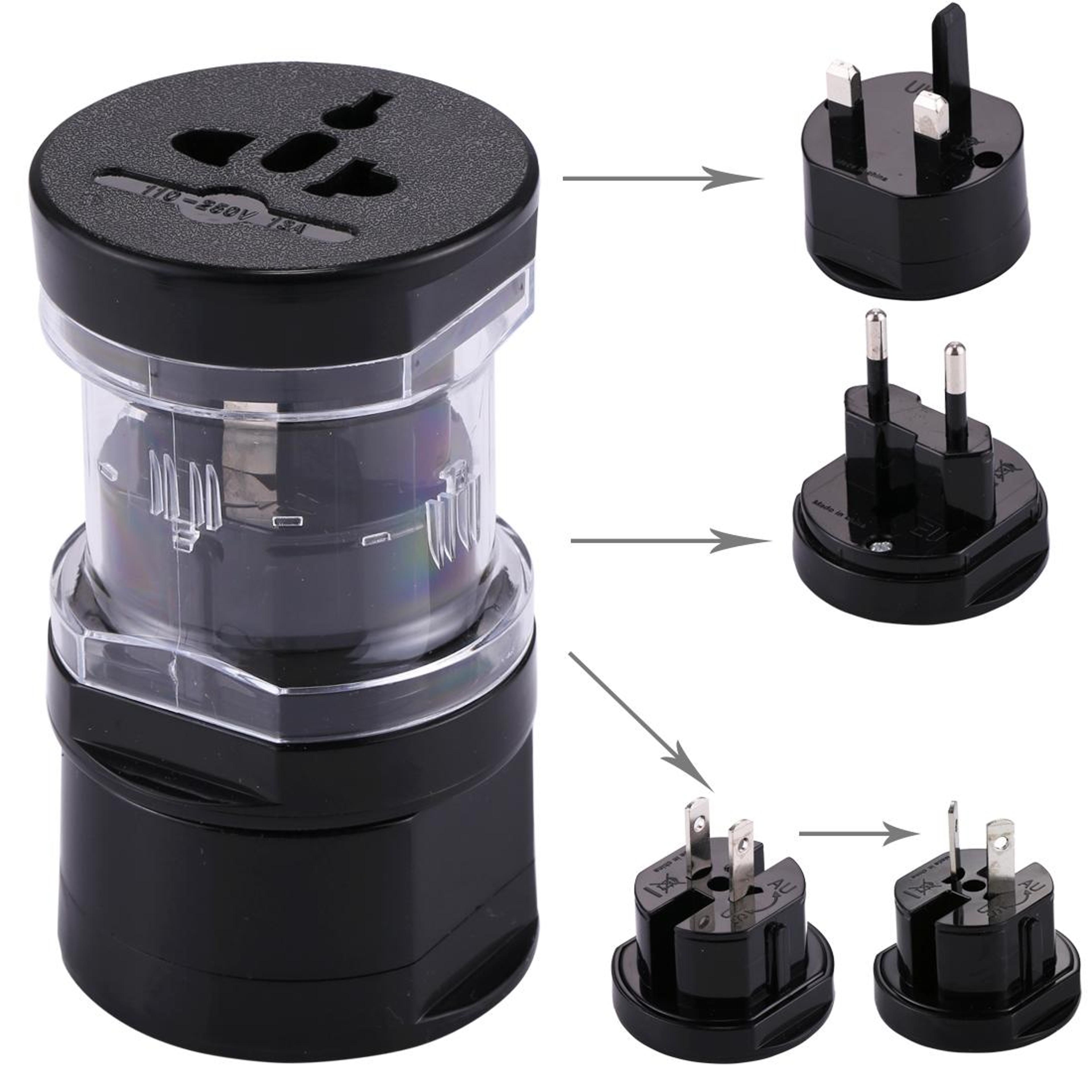 4-in-1 universal travel adapter with eu uk us au plugs and surge protection
