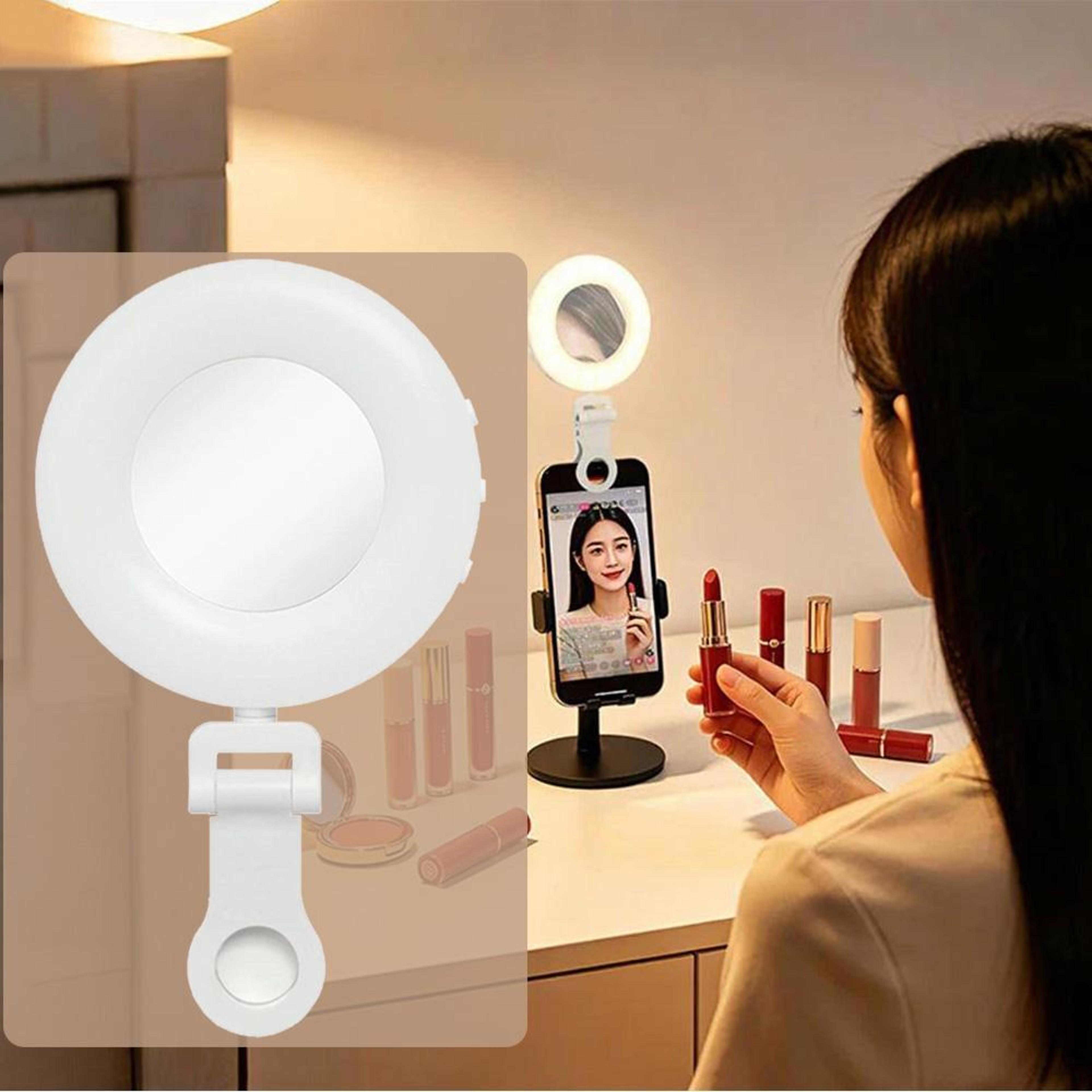clip-on selfie ring light with makeup mirror and adjustable phone lighting
