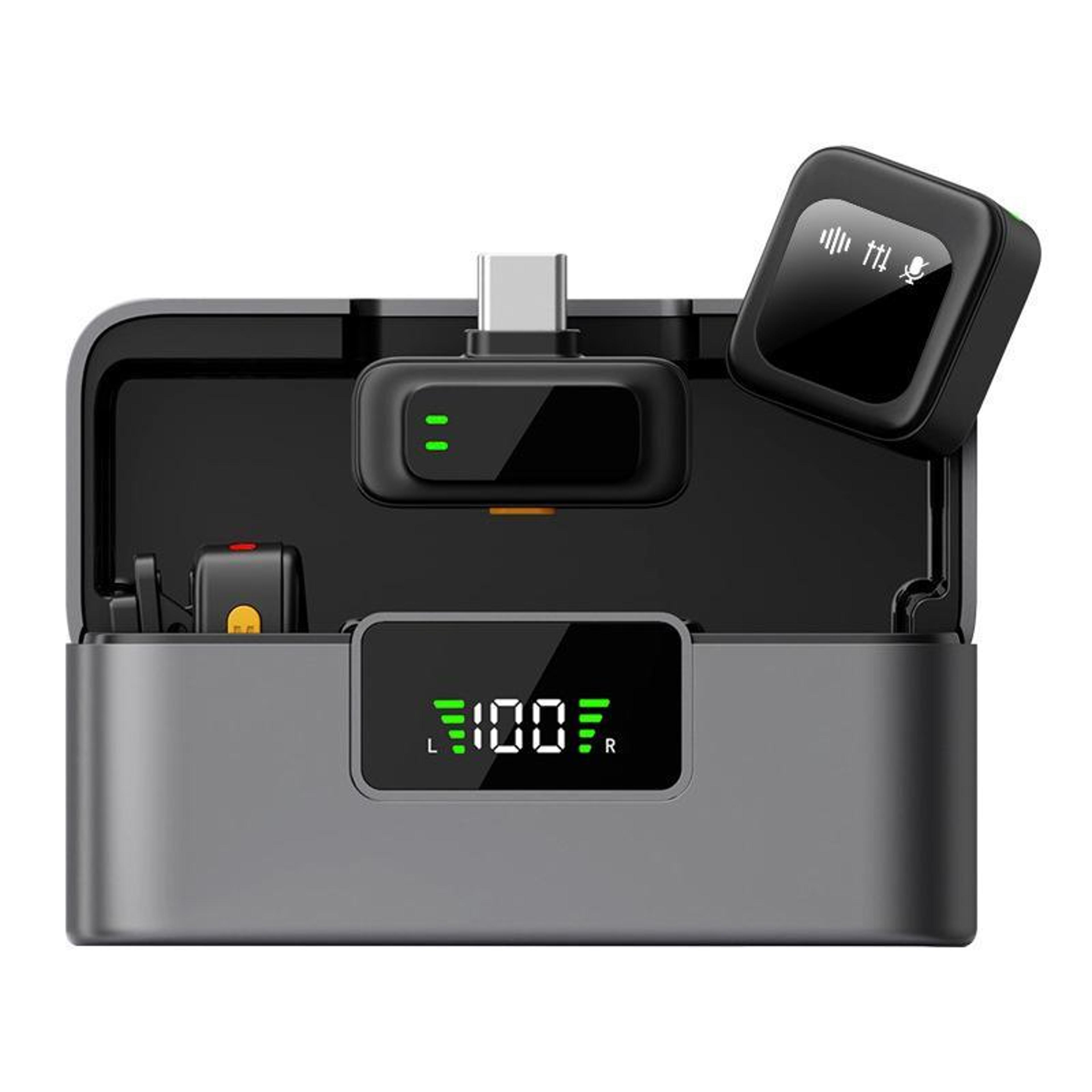 2-in-1 wireless lavalier microphone with noise reduction and charging case
