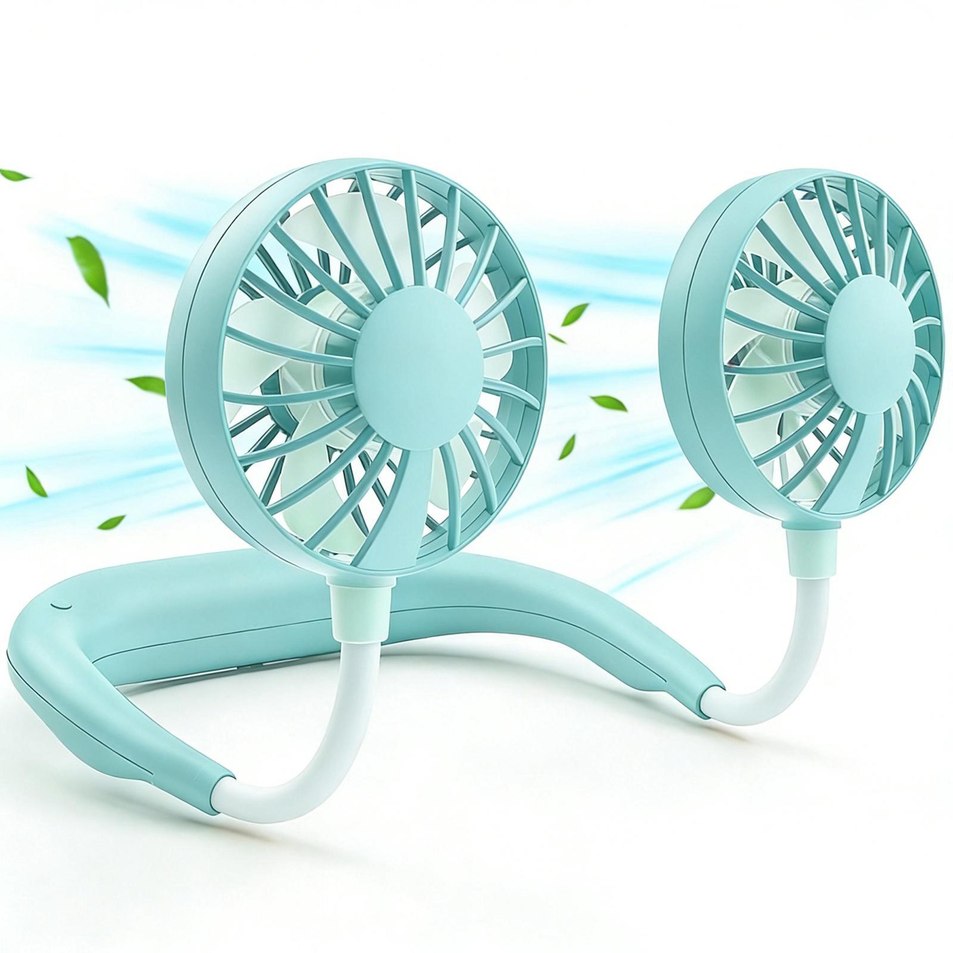 portable neck fan with dual cooling, 3 speeds and 1200mah rechargeable battery