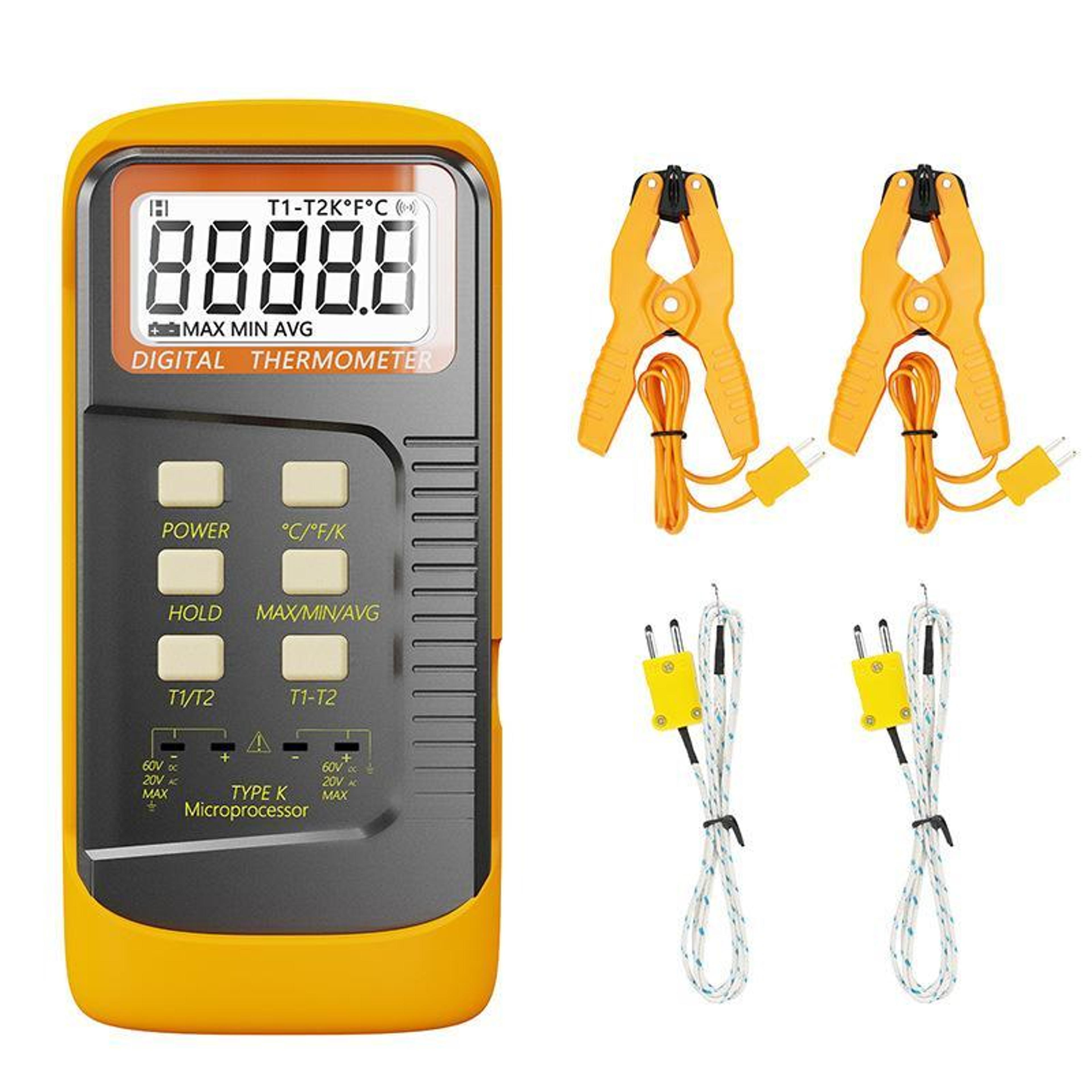 dual channel k type thermocouple thermometer with t1-t2 differential temperature measurement