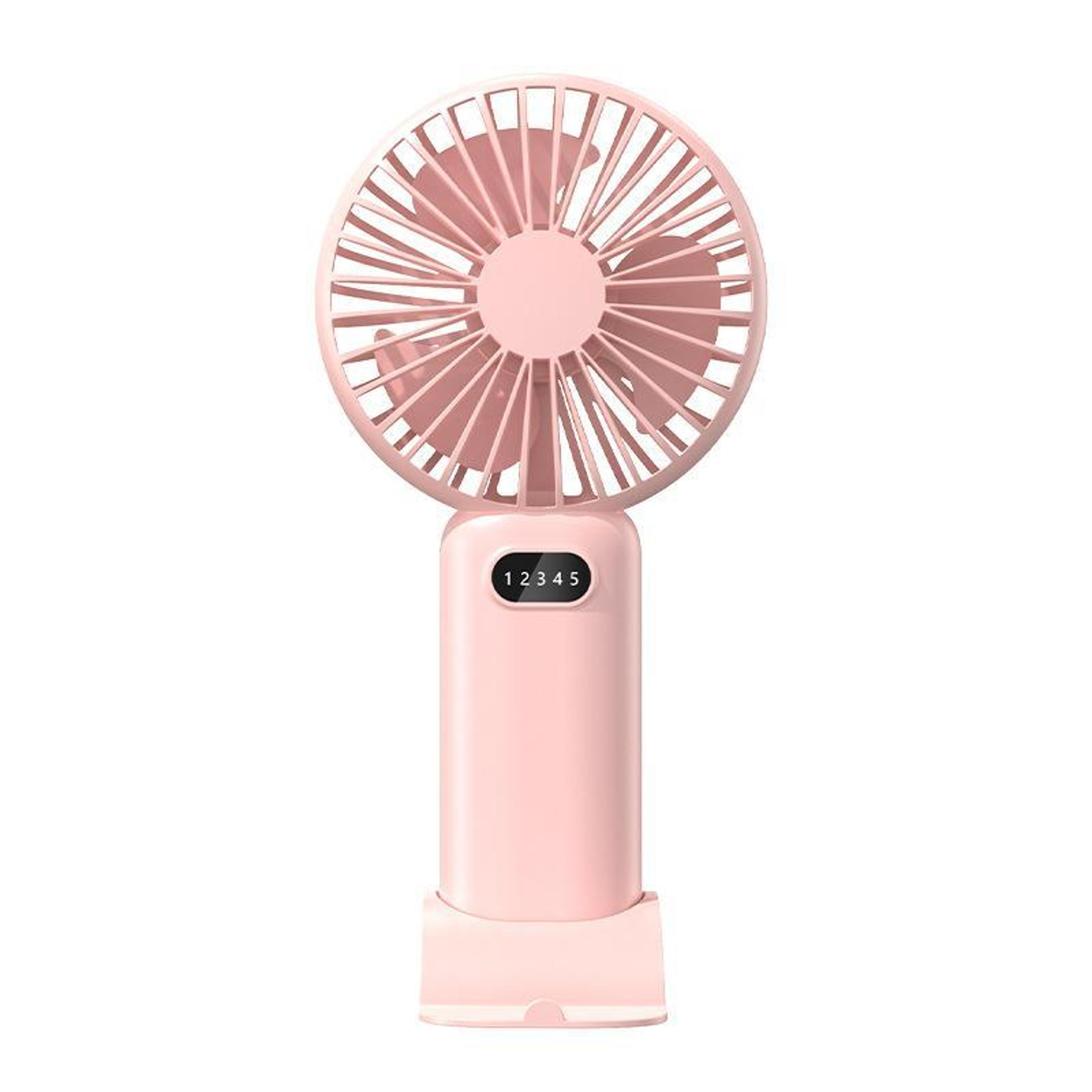 5-speed rechargeable handheld fan with digital display, phone stand and desktop base