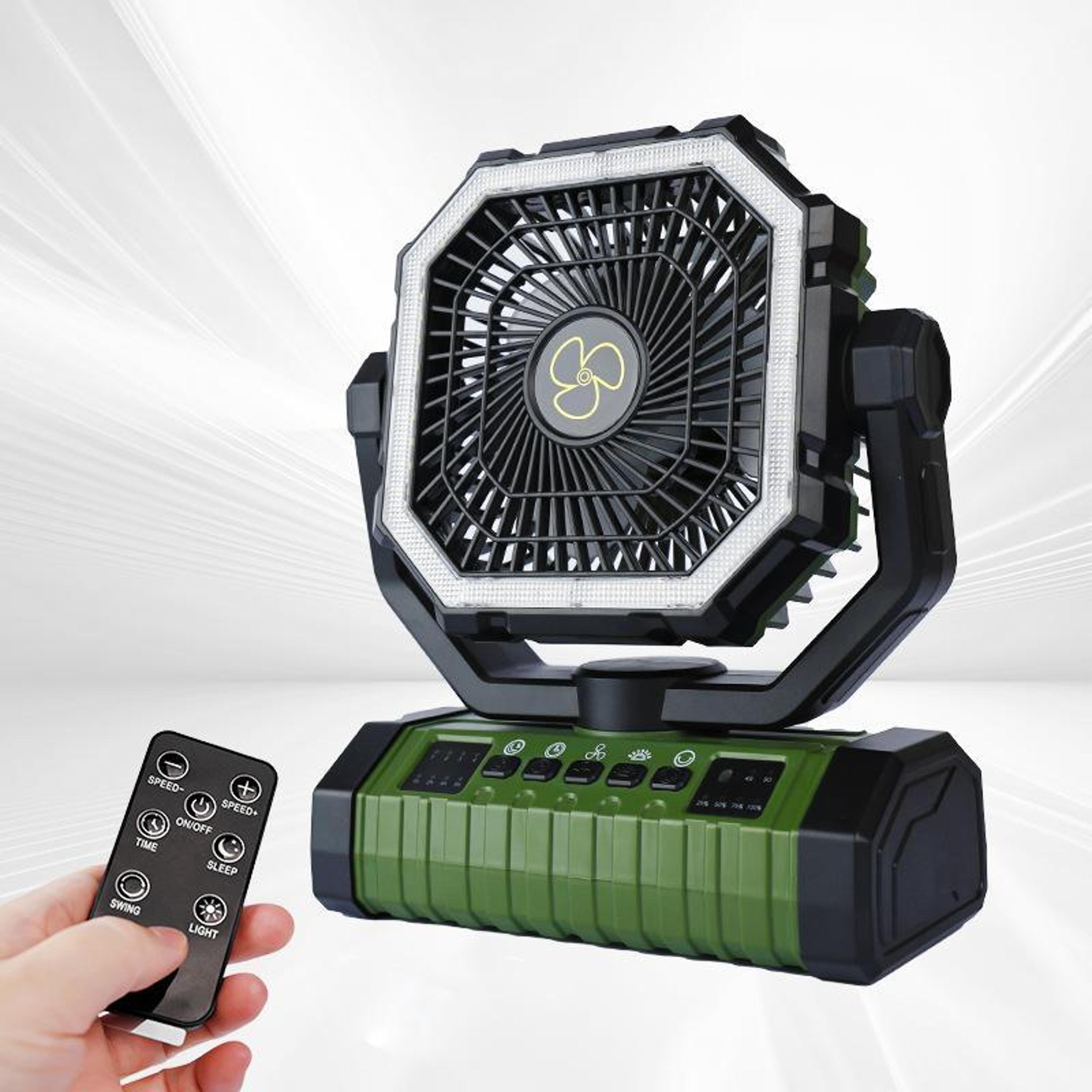 rechargeable camping fan with led light, power bank and hanging hook