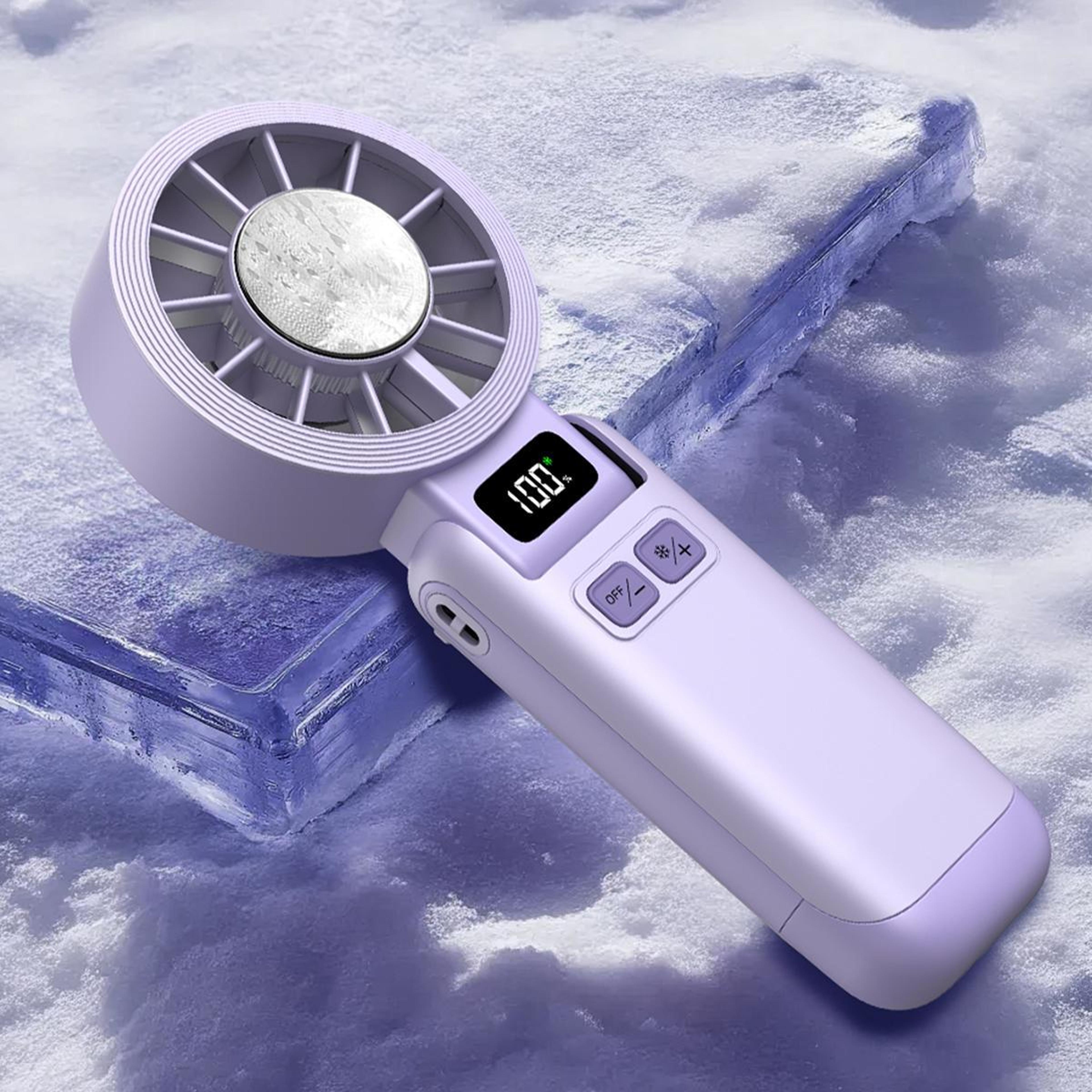 portable handheld fan with ice cooling, rechargeable battery and digital display