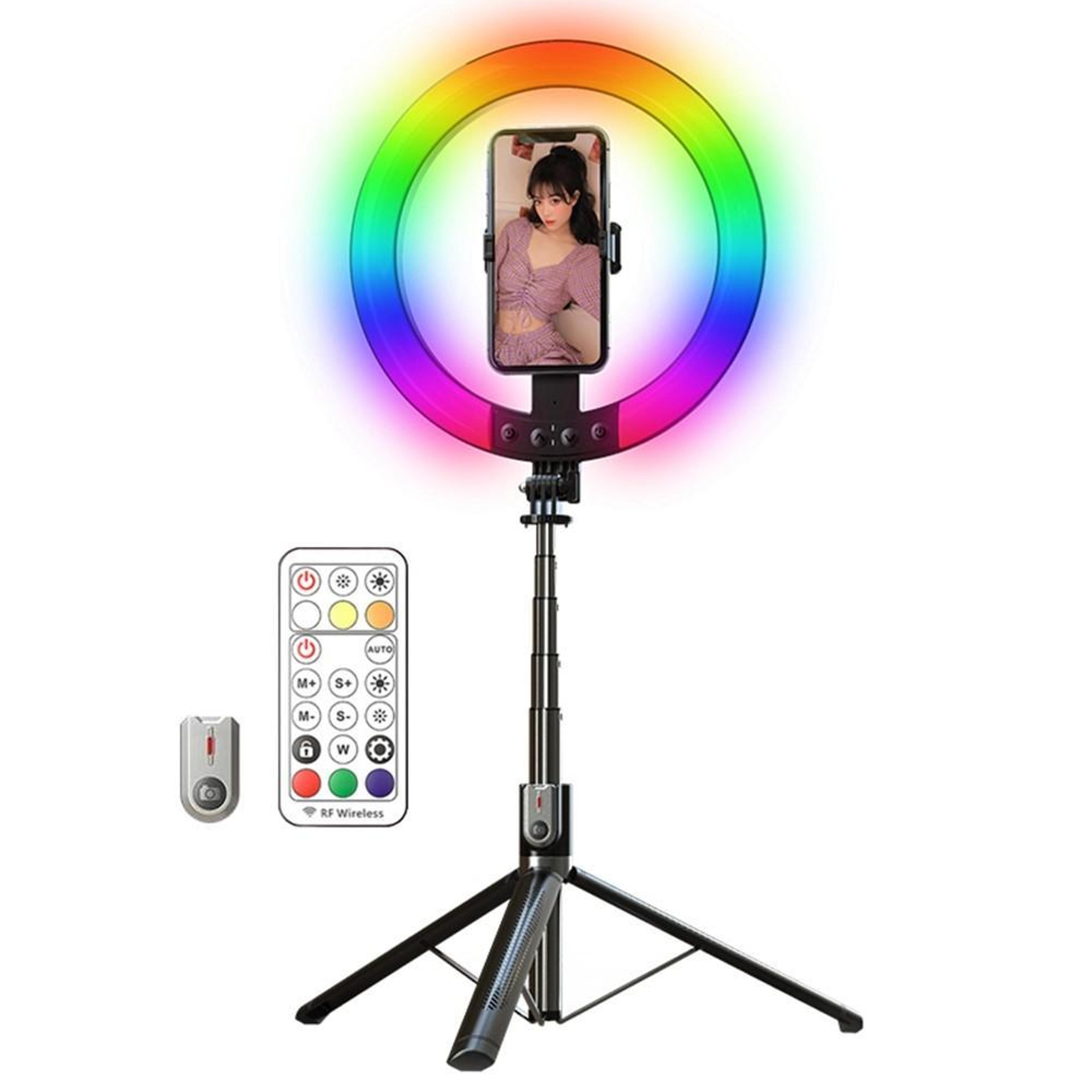 10-inch rgb ring light with selfie stick tripod and 360° phone holder