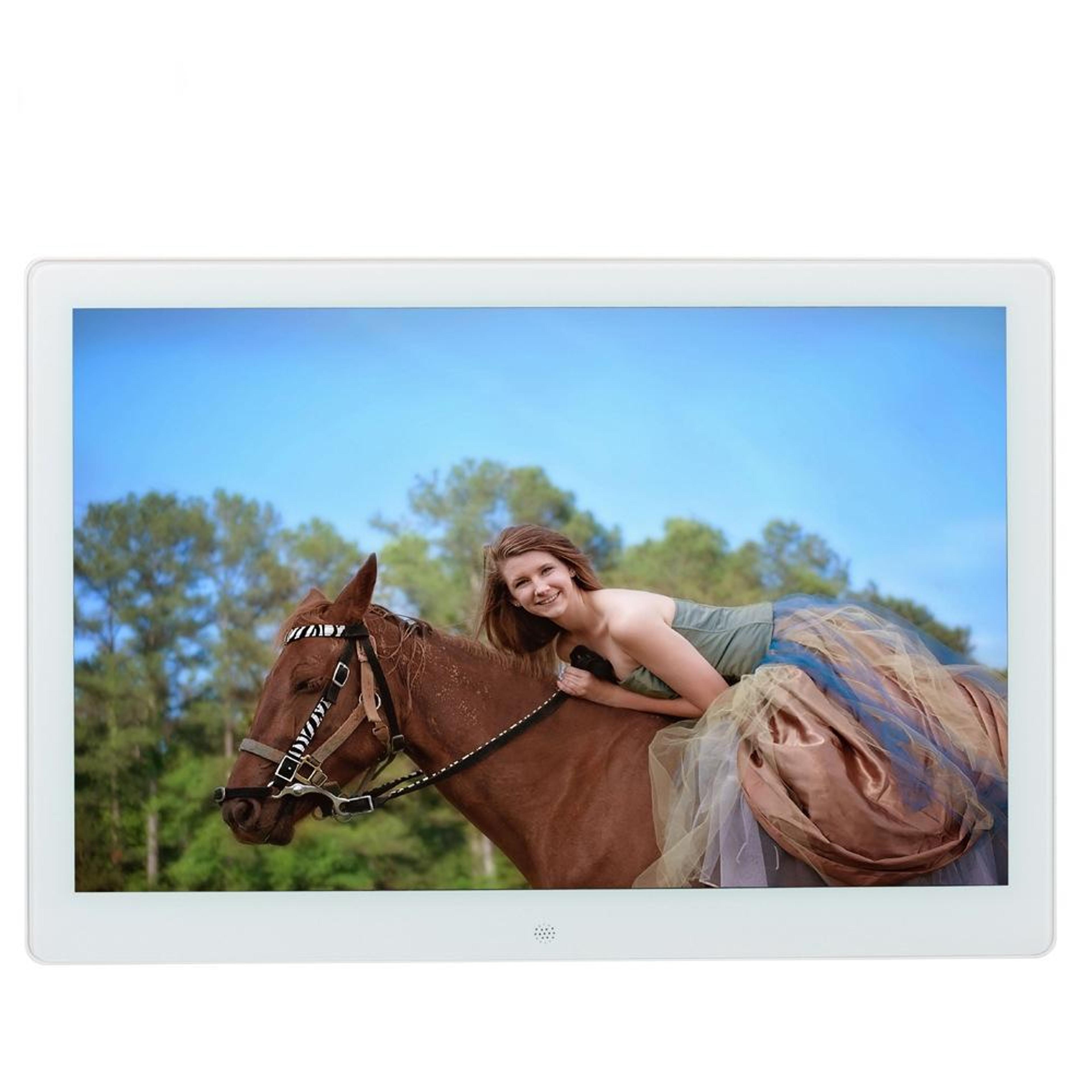 15-inch digital photo frame with 1080p video playback and wall-mount display