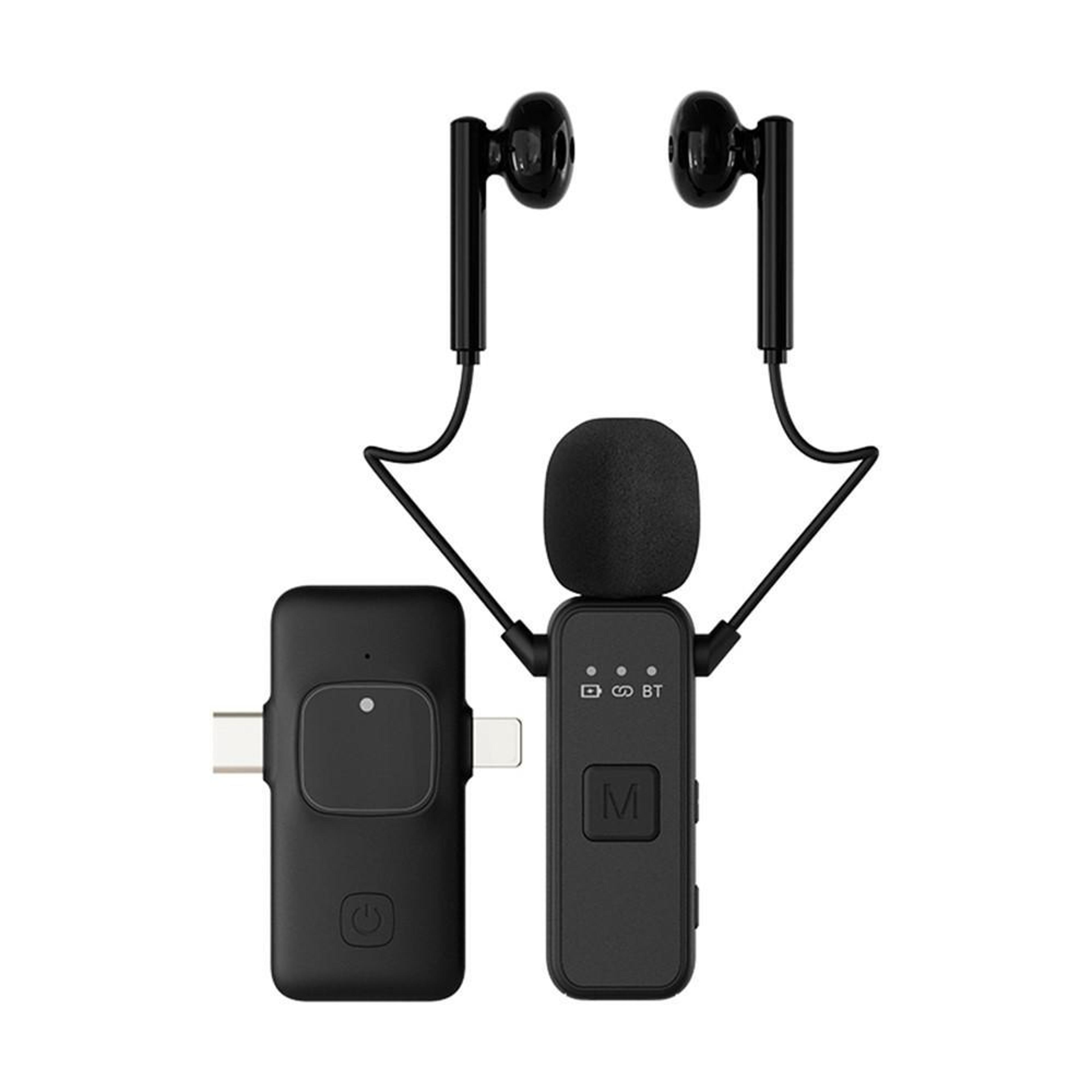wireless lavalier microphone with integrated earphones and 2-in-1 receiver for vlogging and streaming