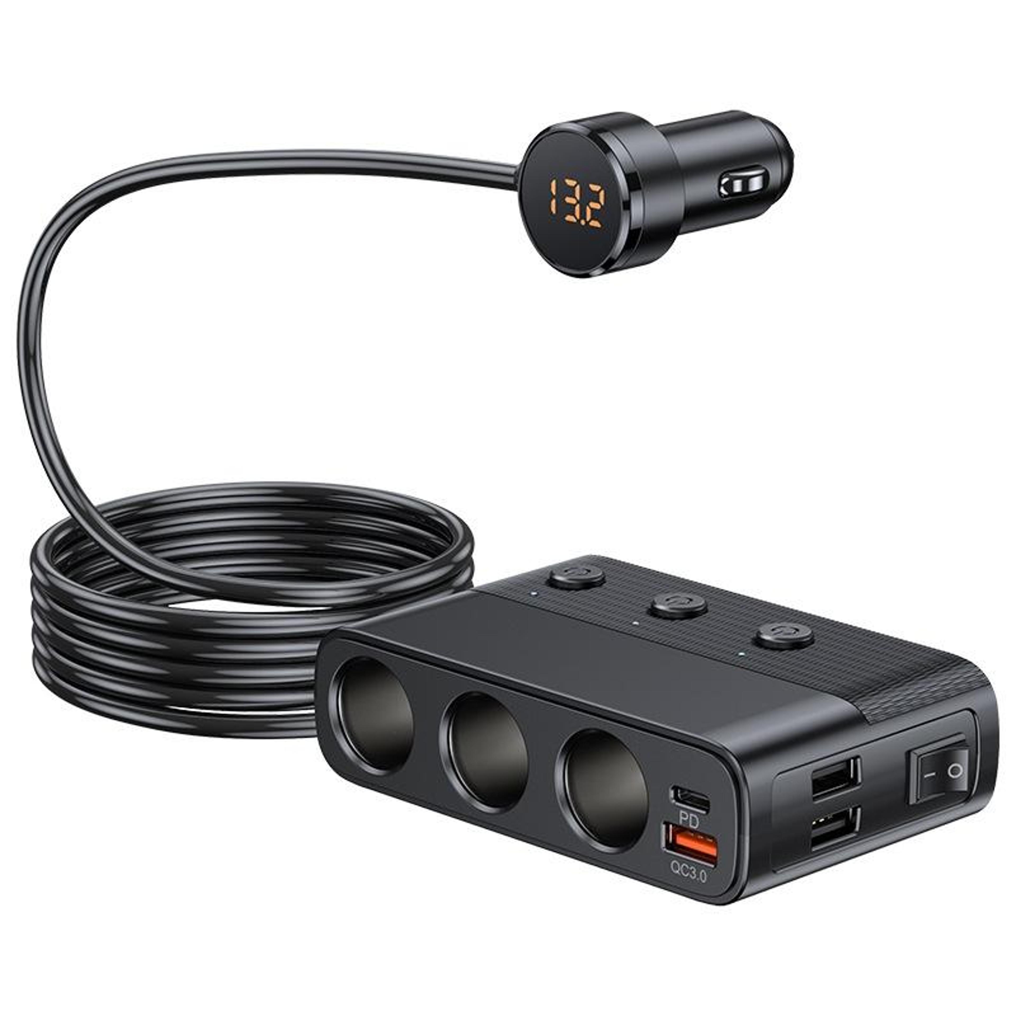 car charger with usb c pd, qc3.0 and 3 socket cigarette lighter splitter