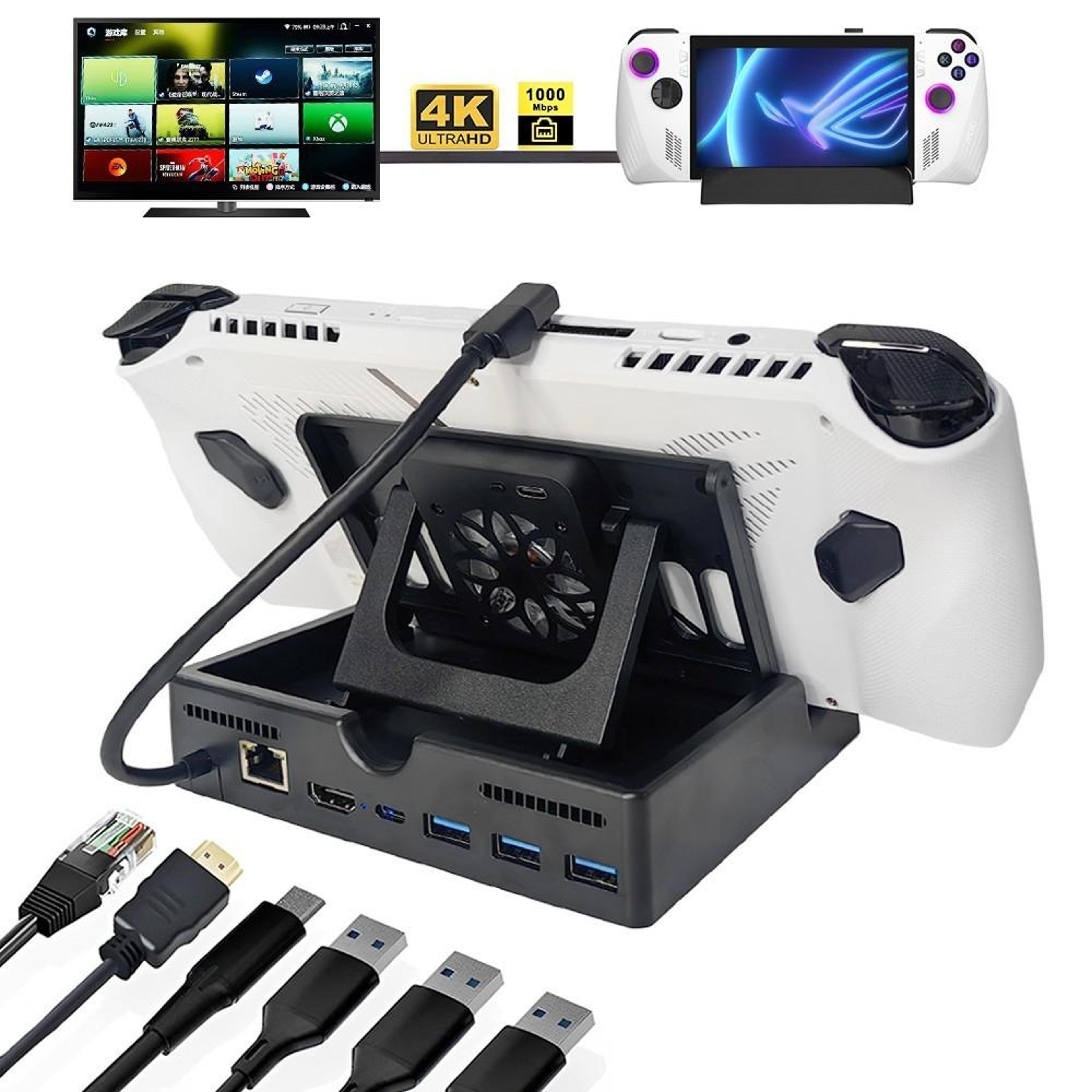 asus rog ally docking station with cooling fan, 60w charging and 4k hdmi