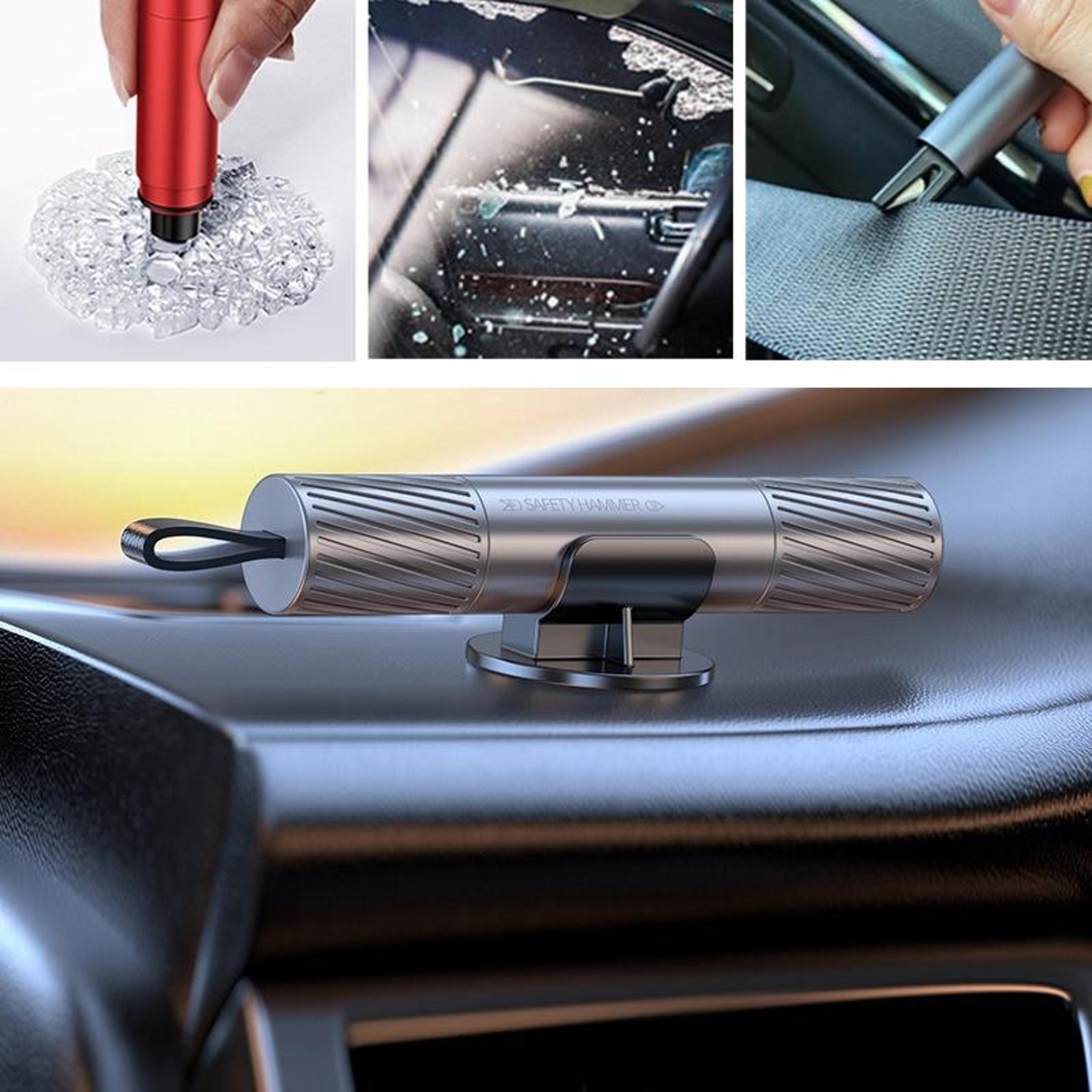 car safety hammer with spring loaded window breaker and seat belt cutter