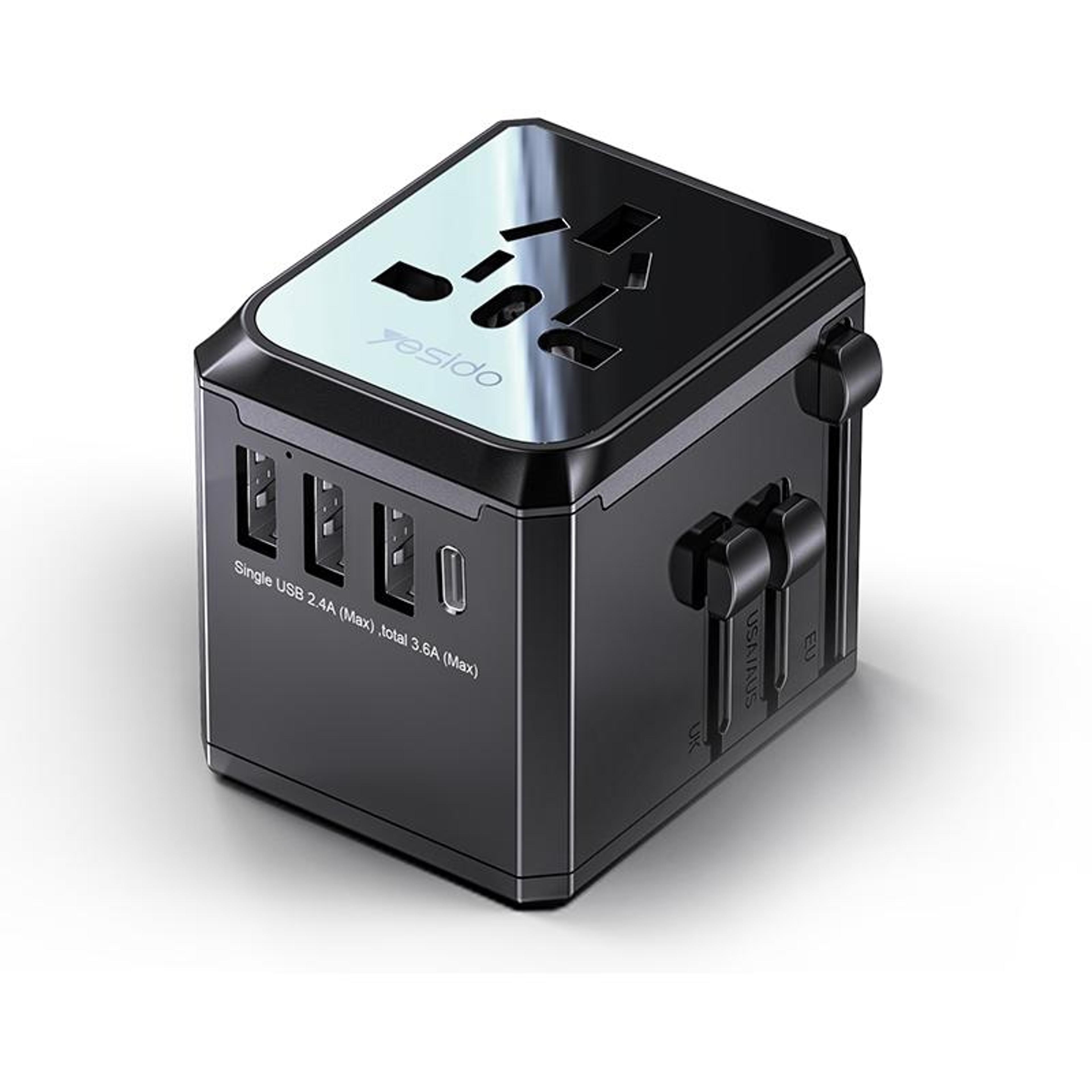 yesido mc-10 universal travel adapter with 3 usb and usb-c multiport charging