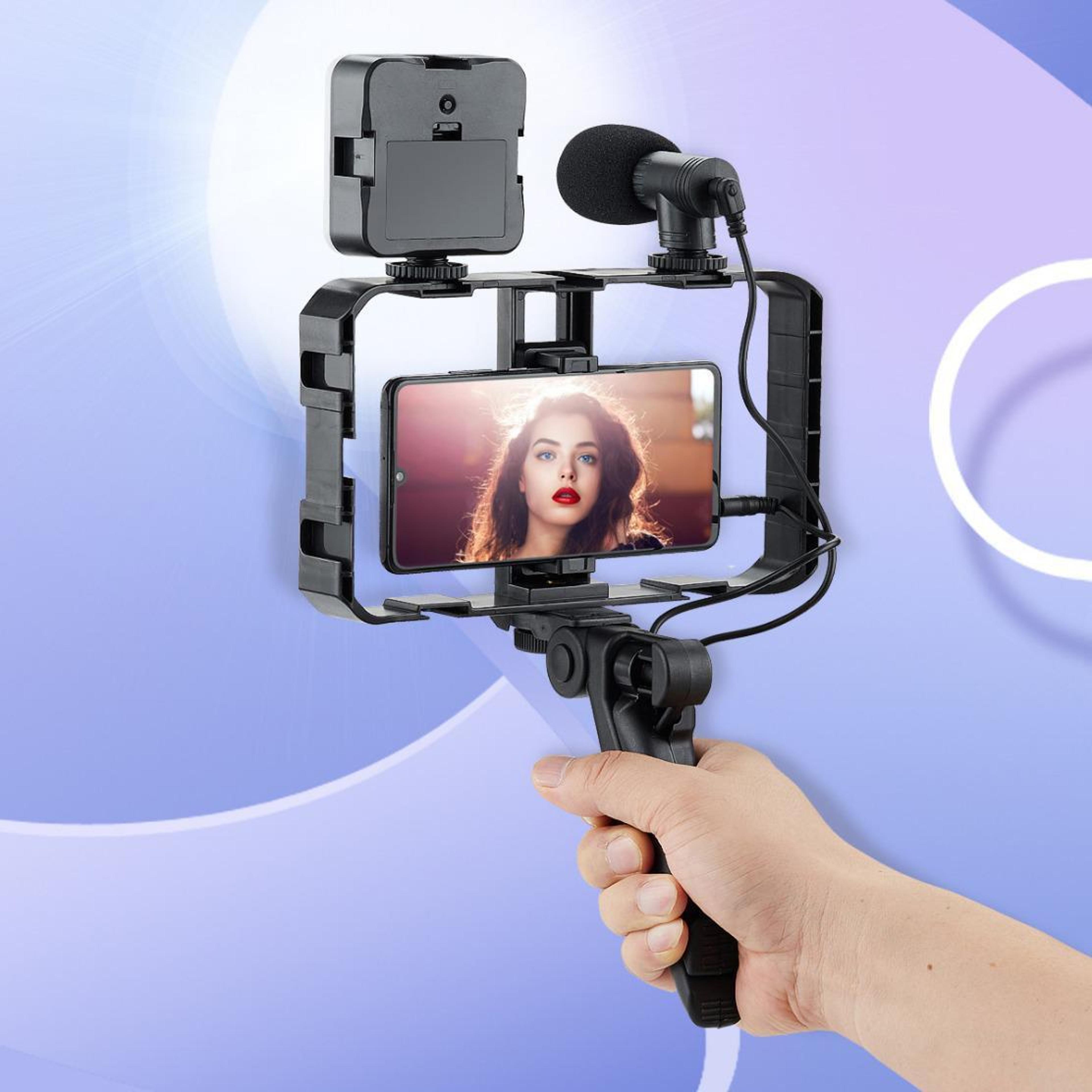 smartphone video rig vlogging kit with led fill light, microphone and tripod