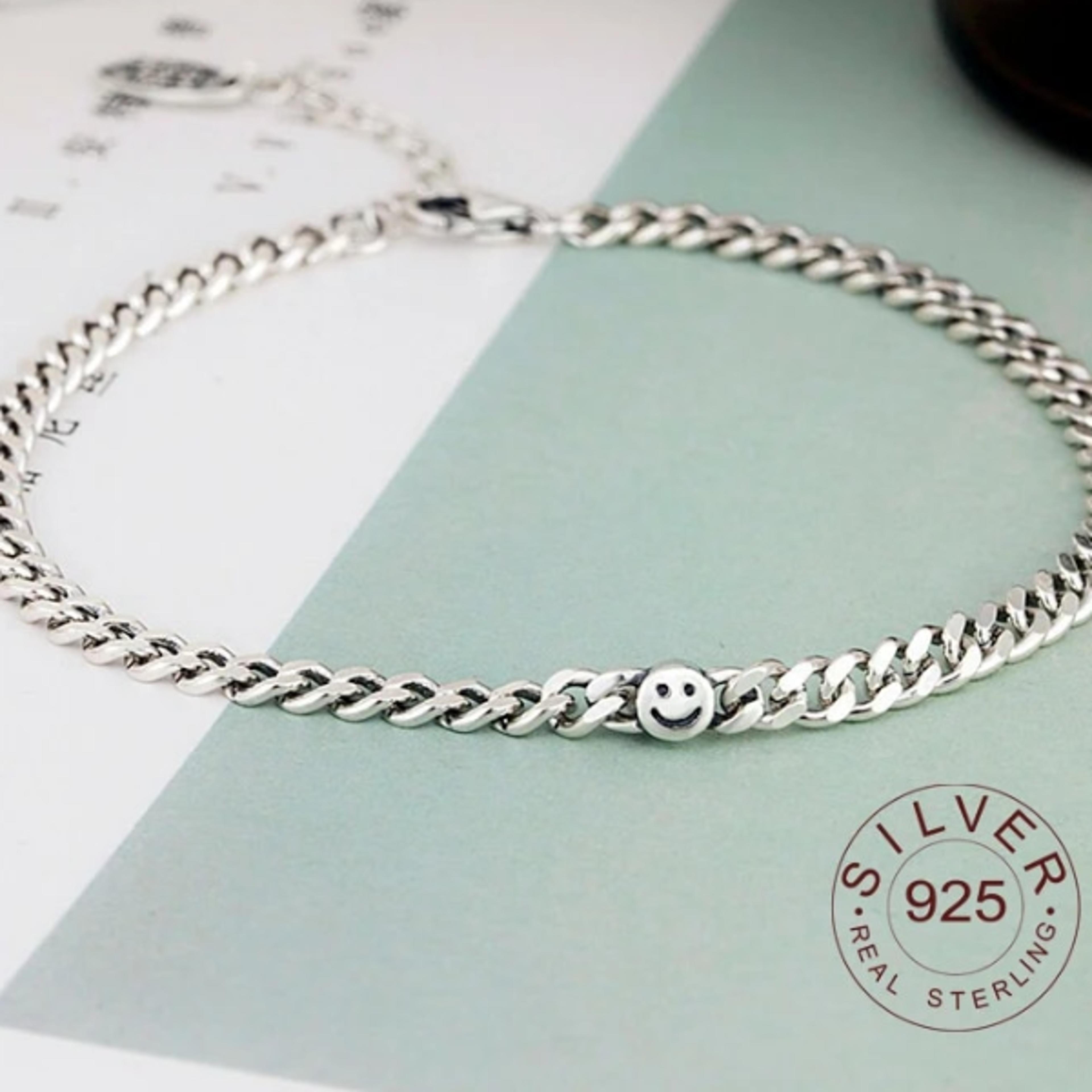 handmade sterling silver 925 bracelet with large smile face pendant - elegant ladies' party gift and fashion jewelry