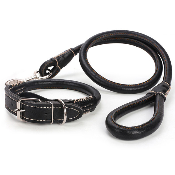 2in1rolledleatherdogcollarleashblack