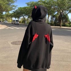 Cute Black Devil Hoodie With Horns And Wings