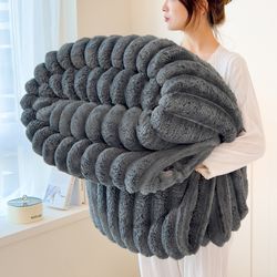 soft coral fleece multifunctional blanket solid color thickened wide striped design for bed, cover, or nap use