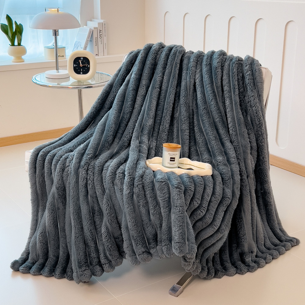 Soft Coral Fleece Multifunctional Blanket Solid Color Thickened Wide Striped Design For Bed Cover O 1