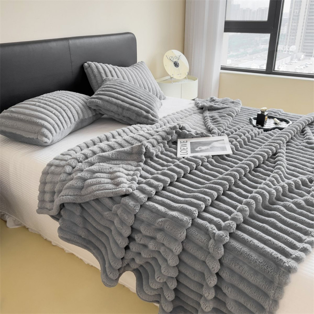 Soft Coral Fleece Multifunctional Blanket Solid Color Thickened Wide Striped Design for Bed, Cover, or Nap Use