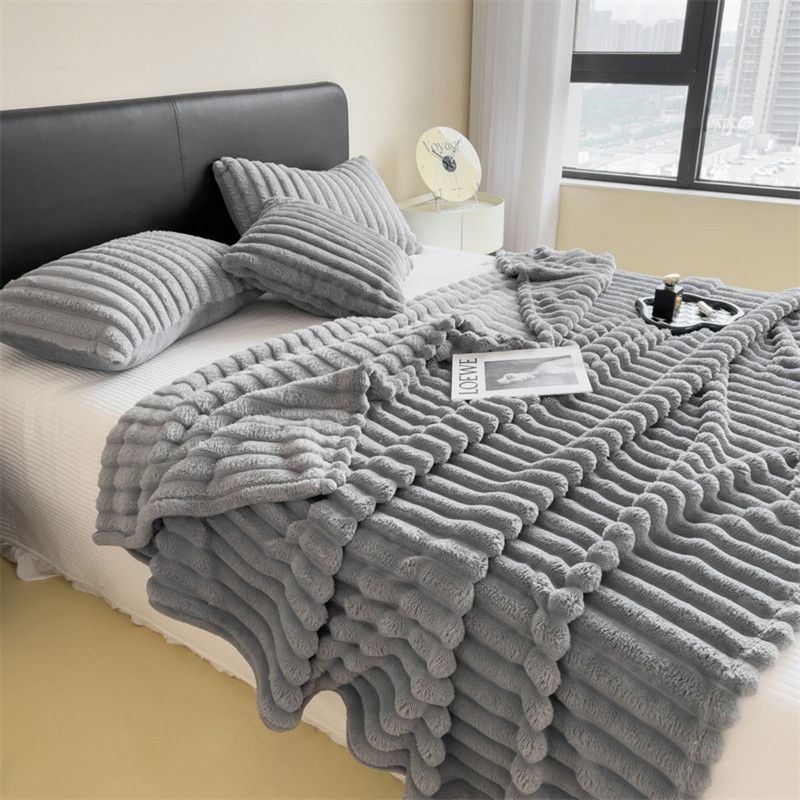 Soft Coral Fleece Multifunctional Blanket Solid Color Thickened Wide Striped Design for Bed, Cover, or Nap Use