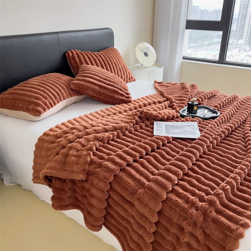 Soft Coral Fleece Multifunctional Blanket Solid Color Thickened Wide Striped Design for Bed, Cover, or Nap Use