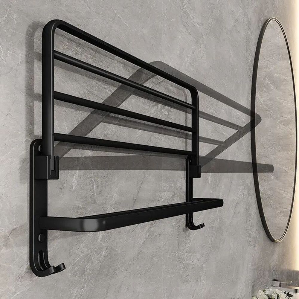 Matte Black Towel Holder With Hook WallMounted Aluminum Rack 3