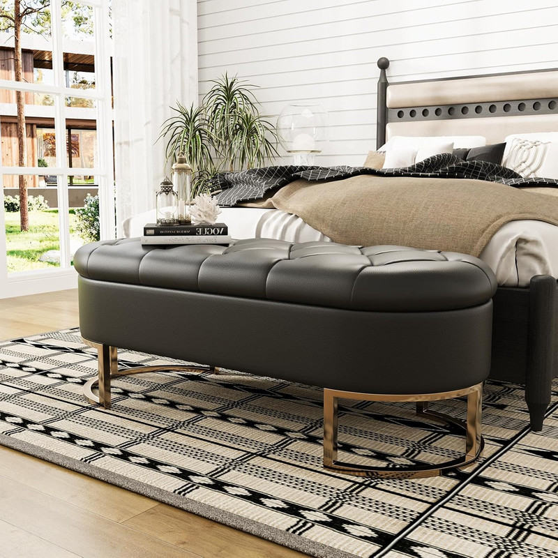 Vabches Ottoman Storage Bench Upholstered Leather Long Stool With Metal Legs Modern Storage Bench 0