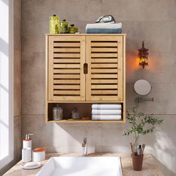 wall mounted bathroom cabinet storage, multifunctional bamboo medicine cabinet shelf for eco-friendly home organization