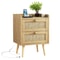 Rattan Nightstand with Charging Station, Rustic Bedside Table with 2 Drawers, Natural Nightstand for Bedroom