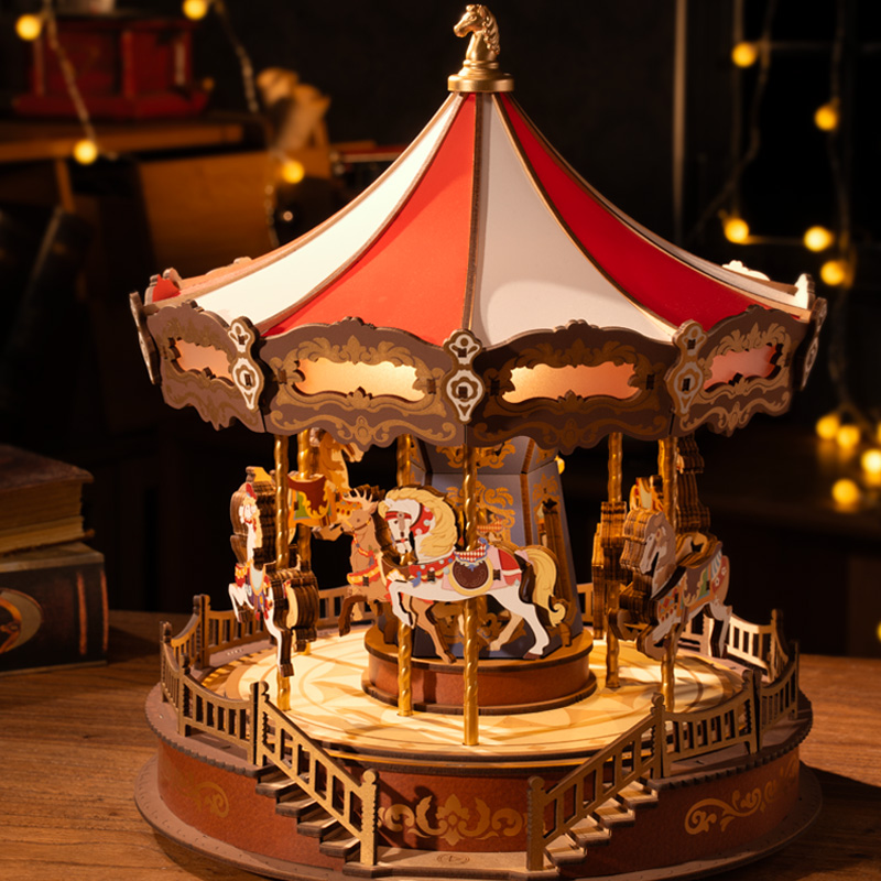Easy Assemble Classic Carousel Music Box, 3D Wooden Puzzle Moveable Design with Light, Xmas Gifts for Family