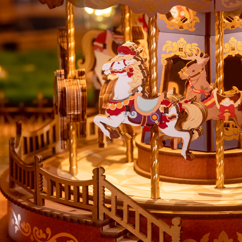 Easy Assemble Classic Carousel Music Box, 3D Wooden Puzzle Moveable Design with Light, Xmas Gifts for Family