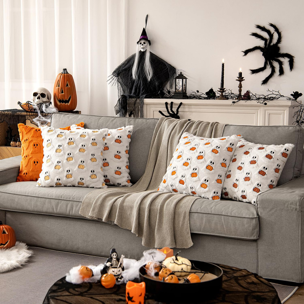 Ghost Pumpkin Plush Faux Fur Pillow Covers, Soft Halloween Decor for Sofa Couch Bed, Living Room Seasonal Accent