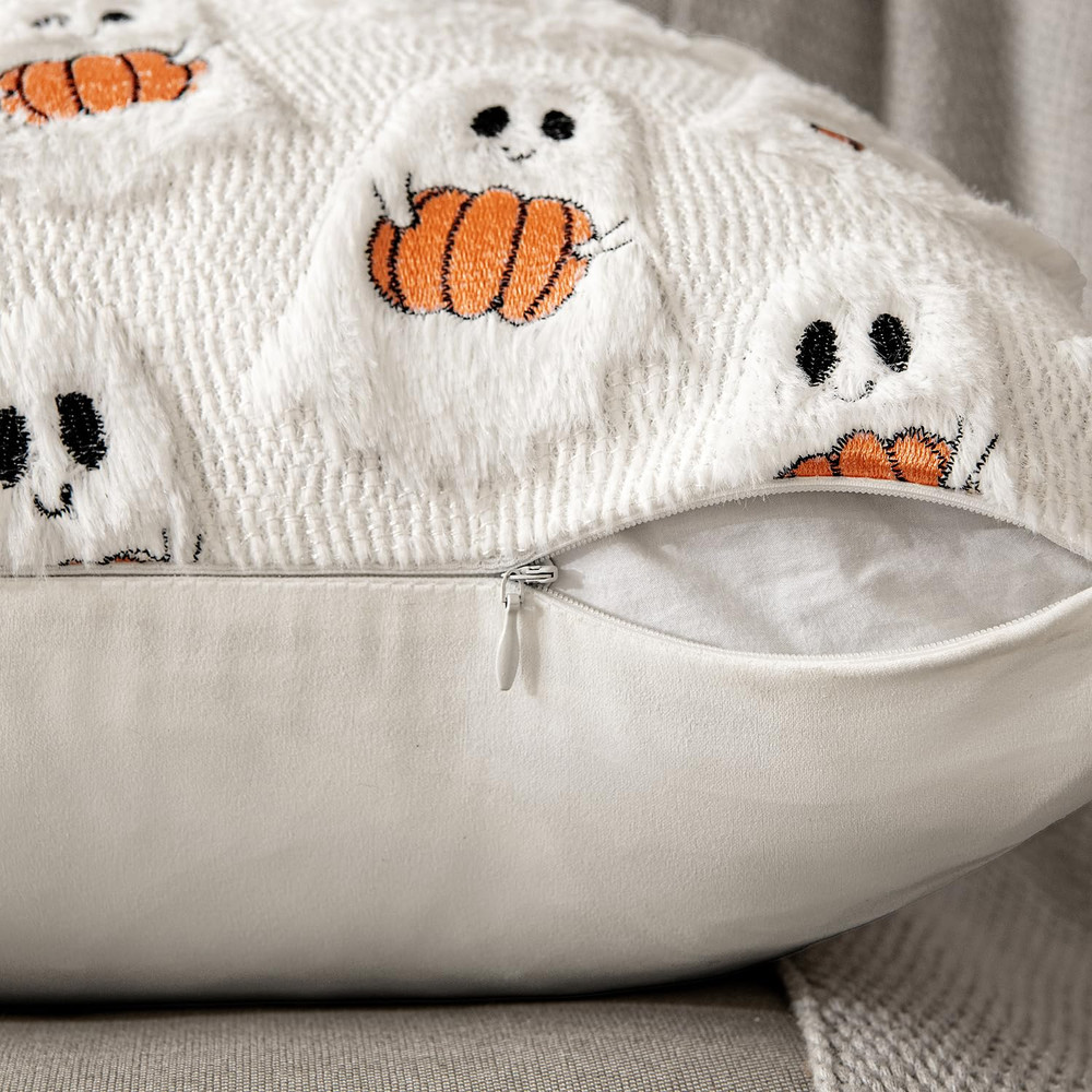 Ghost Pumpkin Plush Faux Fur Pillow Covers, Soft Halloween Decor for Sofa Couch Bed, Living Room Seasonal Accent