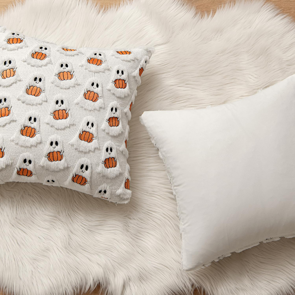 Ghost Pumpkin Plush Faux Fur Pillow Covers, Soft Halloween Decor for Sofa Couch Bed, Living Room Seasonal Accent